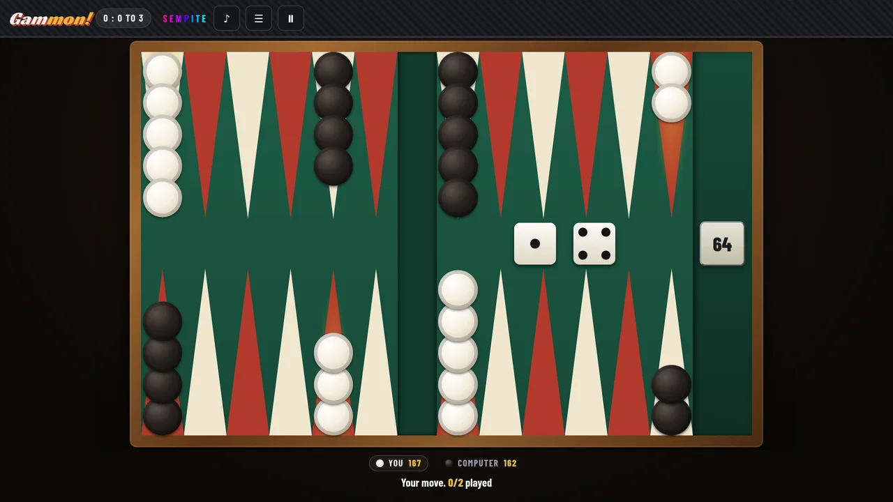 Gammon!: a backgammon board mid match, dice rolled, pip counts under the board and the doubling cube at 64