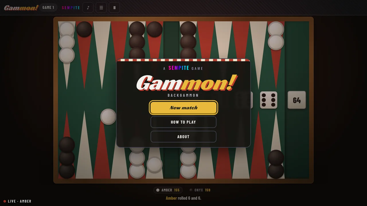 Gammon! menu with a match playing itself on the board behind it