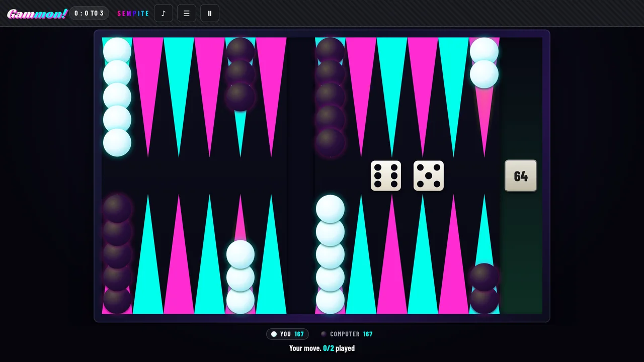 Gammon! neon board: a dark table with bright cyan and magenta points