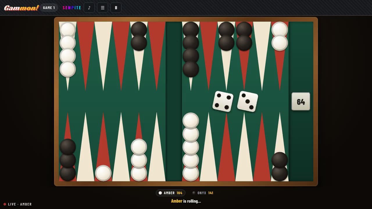 Gammon!: a backgammon board mid match with the dice rolled and the doubling cube at 64