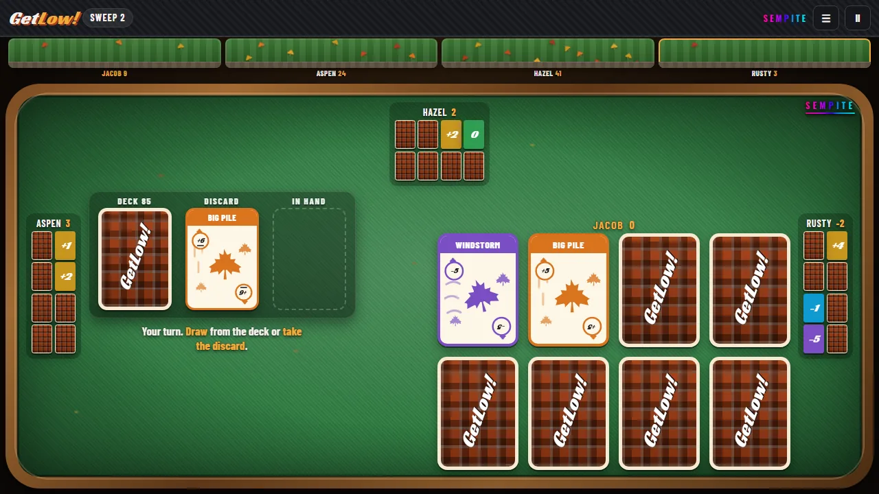GetLow! Fall theme: maple leaf cards and plaid card backs on a green table with four players