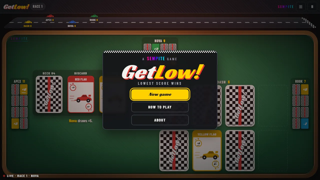 GetLow! menu screen with a computer game playing itself on the table behind it