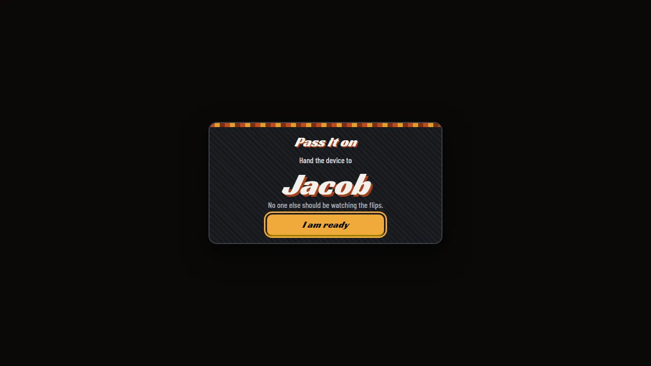 GetLow! pass and play screen asking you to hand the device to the next player