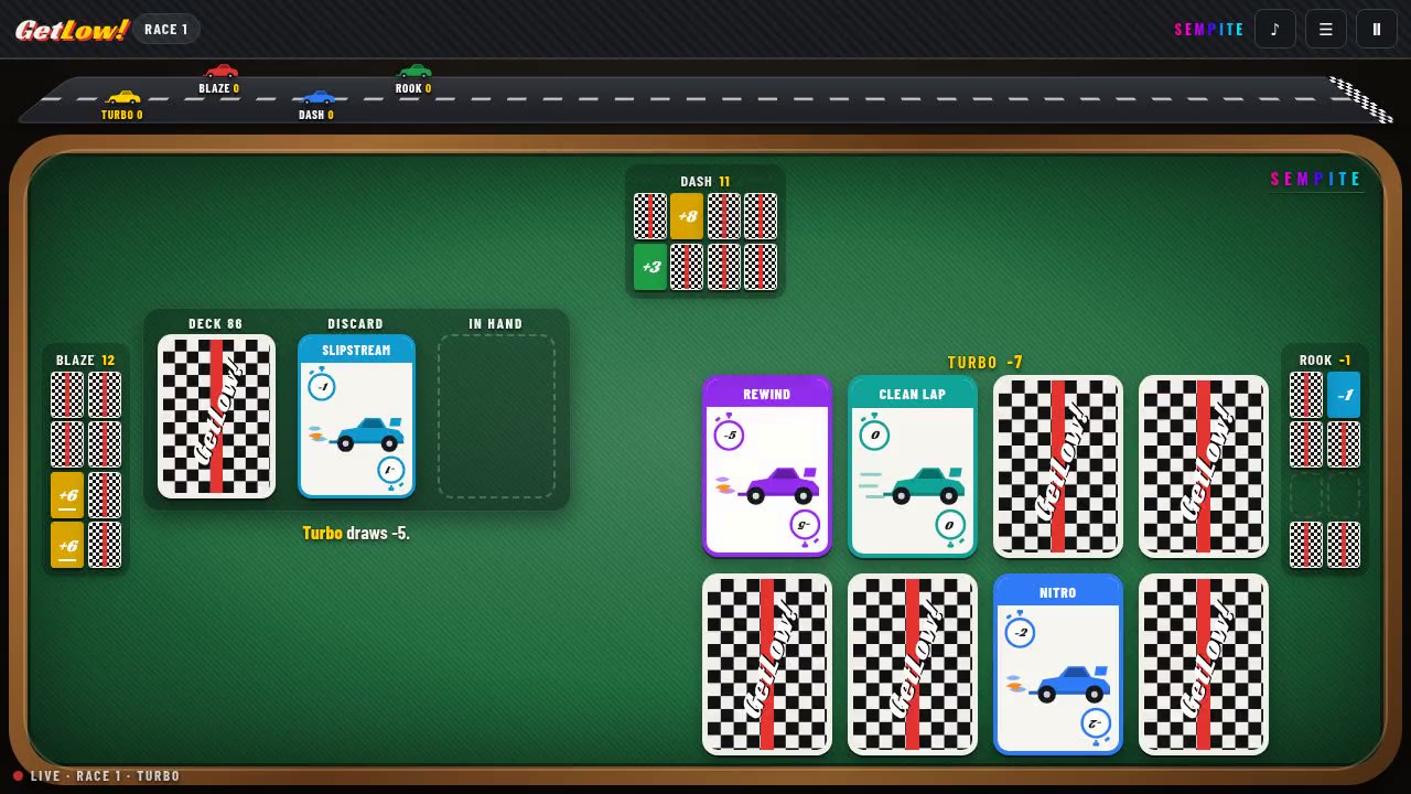 GetLow!: a round in play with maple leaf cards and plaid backs on a green table