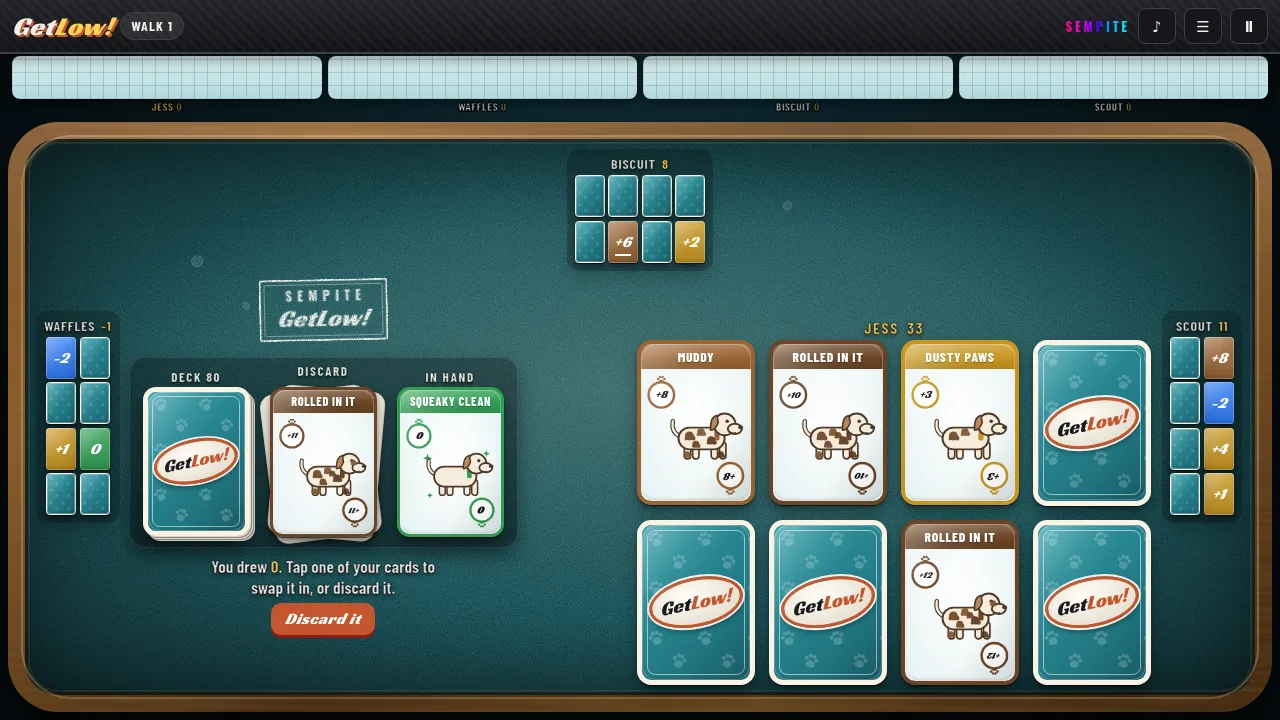 GetLow! Pup theme: cards showing a dog getting muddier, from Dusty Paws to Rolled in It, on a teal table