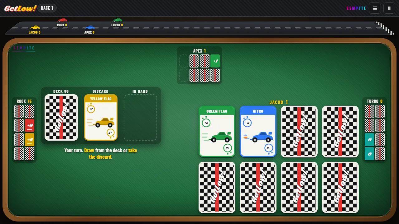 GetLow! Racing theme: cards with stopwatches and racing cars on a green table