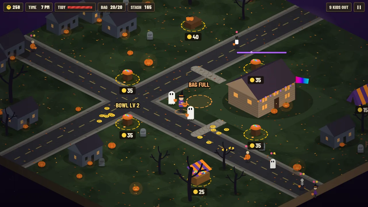 Mapa Trick or Treat: una casa iluminada de noche con niños disfrazados y cuencos de dulces