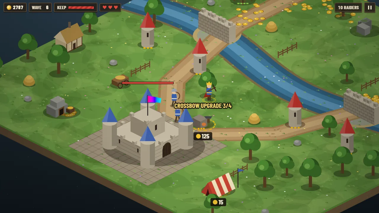 Jugabilidad de Hold The Base: un castillo de piedra con torres azules, torres de arqueros a lo largo de un río y el rey con su ballesta