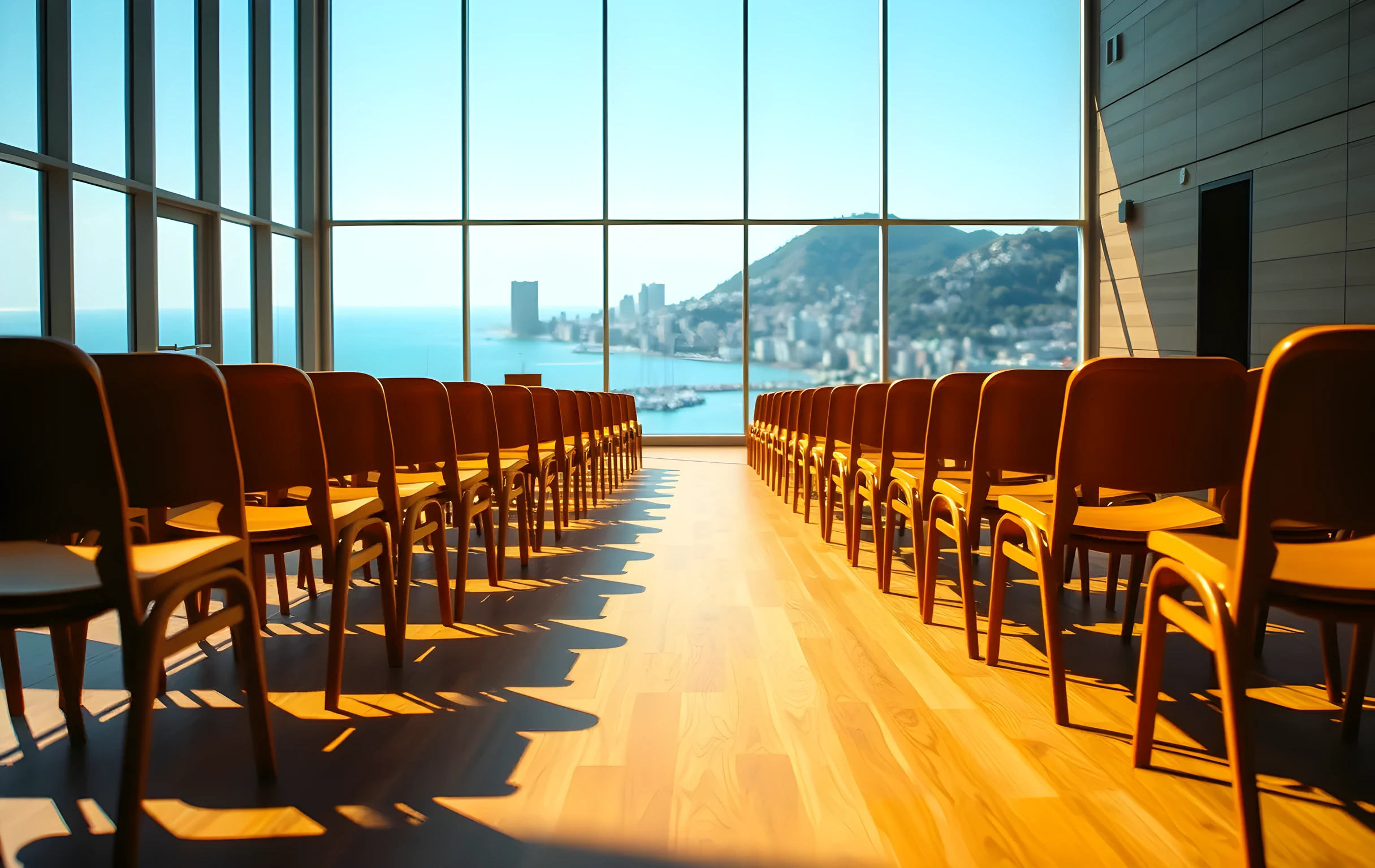 A sunlit, empty conference hall with rows of wooden chairs facing a large glass wall overlooking a coastal cityscape. Dust motes drift in the morning light. The perspective emphasizes depth and scale, with warm wood tones and soft blue daylight