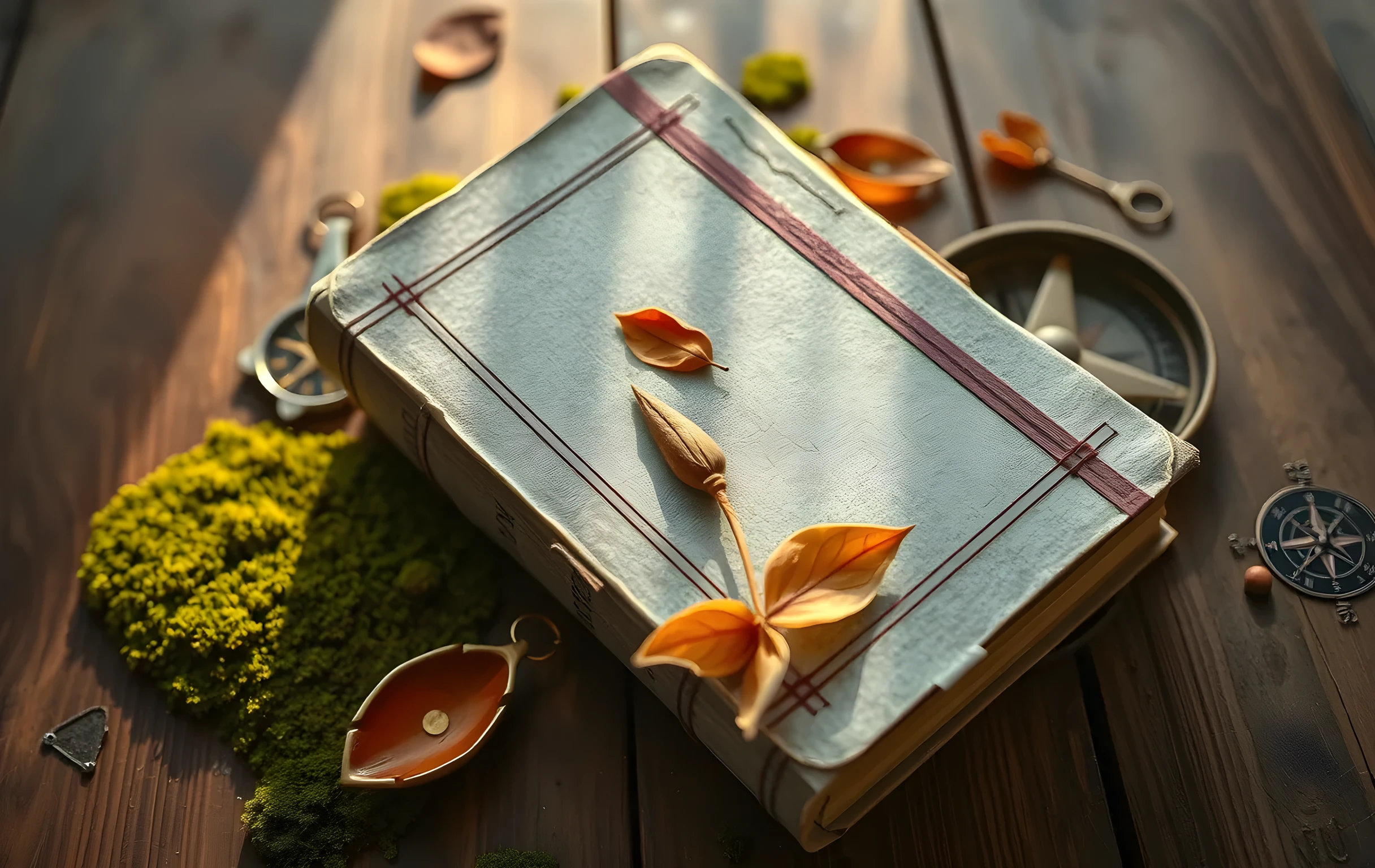 A close-up of a weathered stone ledger resting on a mossy wooden table, surrounded by scattered brass compass components and a single dried magnolia leaf. The lighting is directional and crisp, highlighting the grain of the wood and the texture of the stone