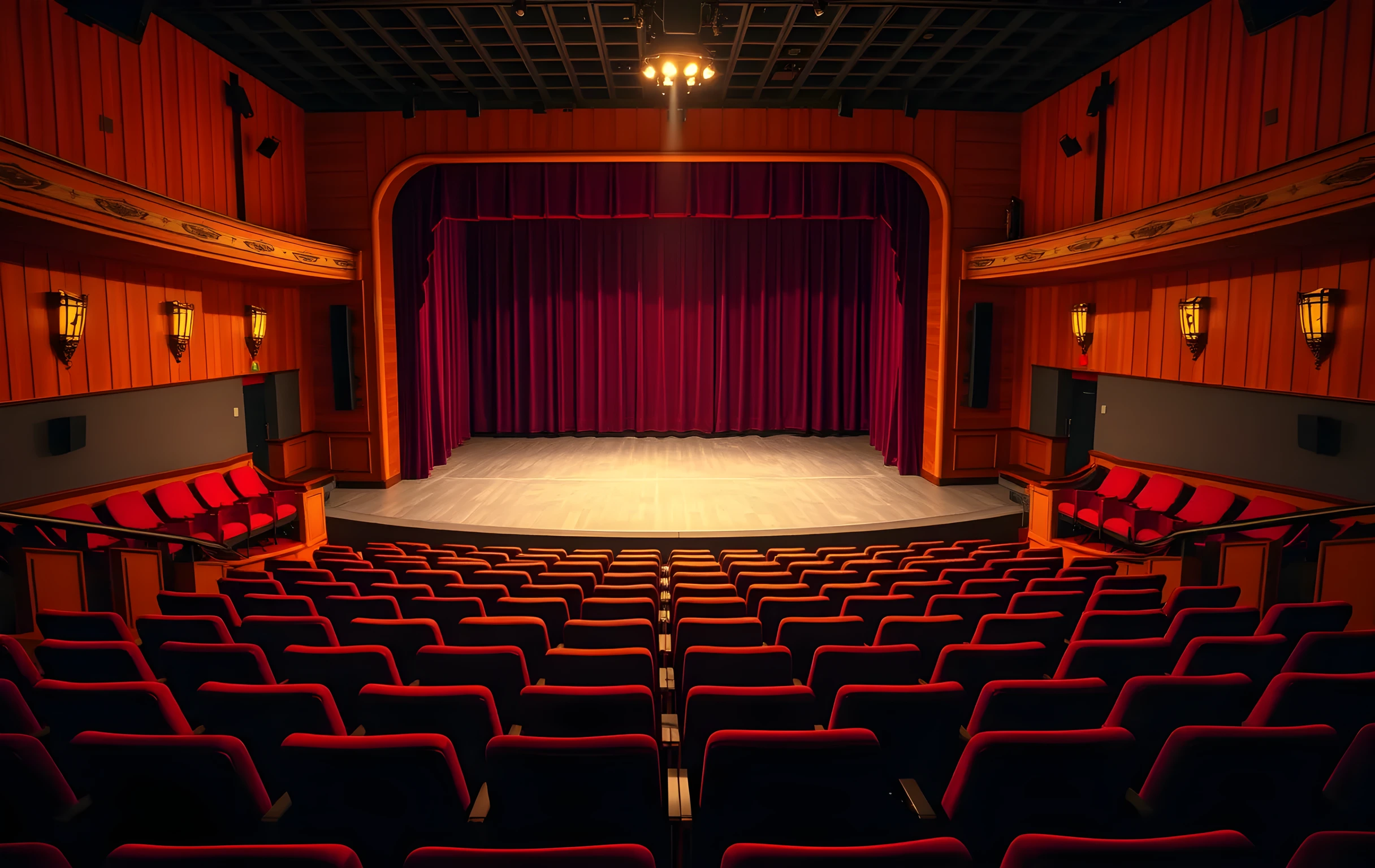An empty theatre stage lit by a single warm spotlight, seats in soft shadow