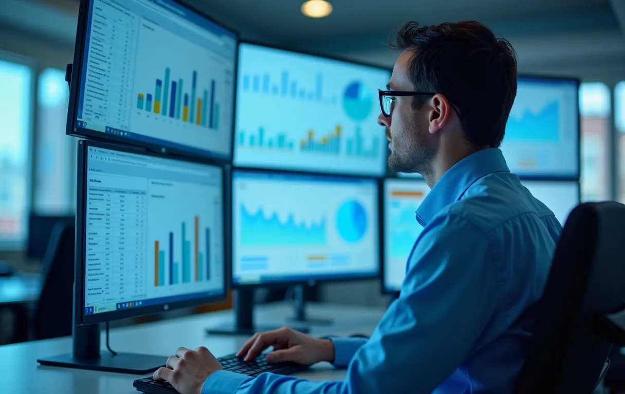 An analyst reviewing search performance data on a monitor
