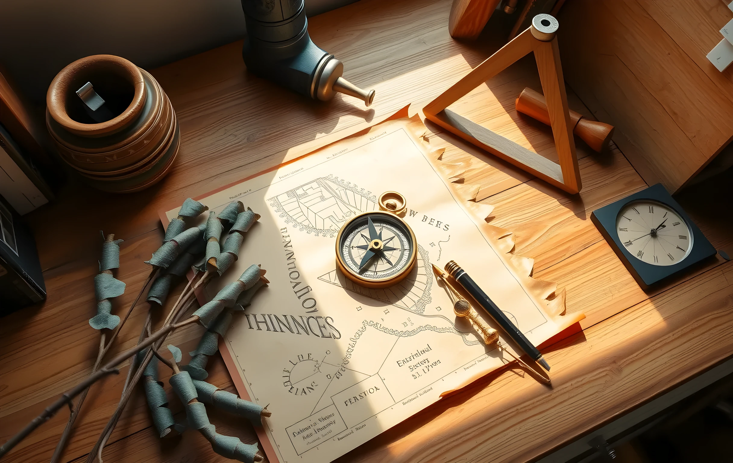 A sunlit workshop corner featuring a vintage brass compass resting on a worn leather map, surrounded by scattered dried eucalyptus branches and a wooden drafting triangle, all arranged on a textured oak workbench under soft morning light