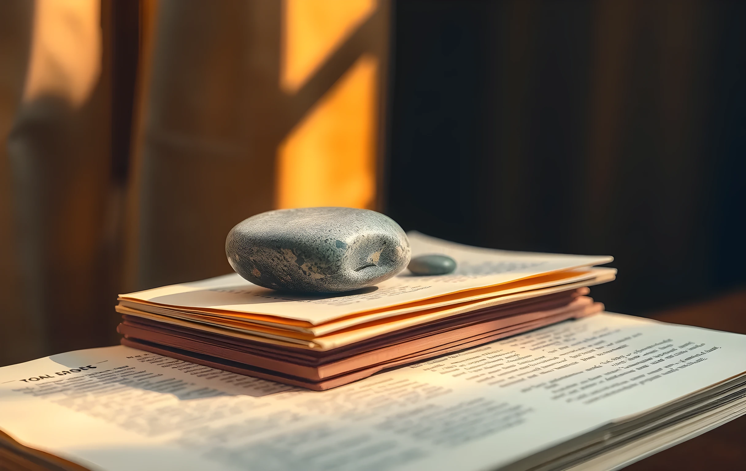 A macro shot of a single polished river stone balanced atop a stack of aged parchment pages, illuminated by a warm window beam that highlights the stone's smooth grain and the paper's fibrous texture against a blurred linen background