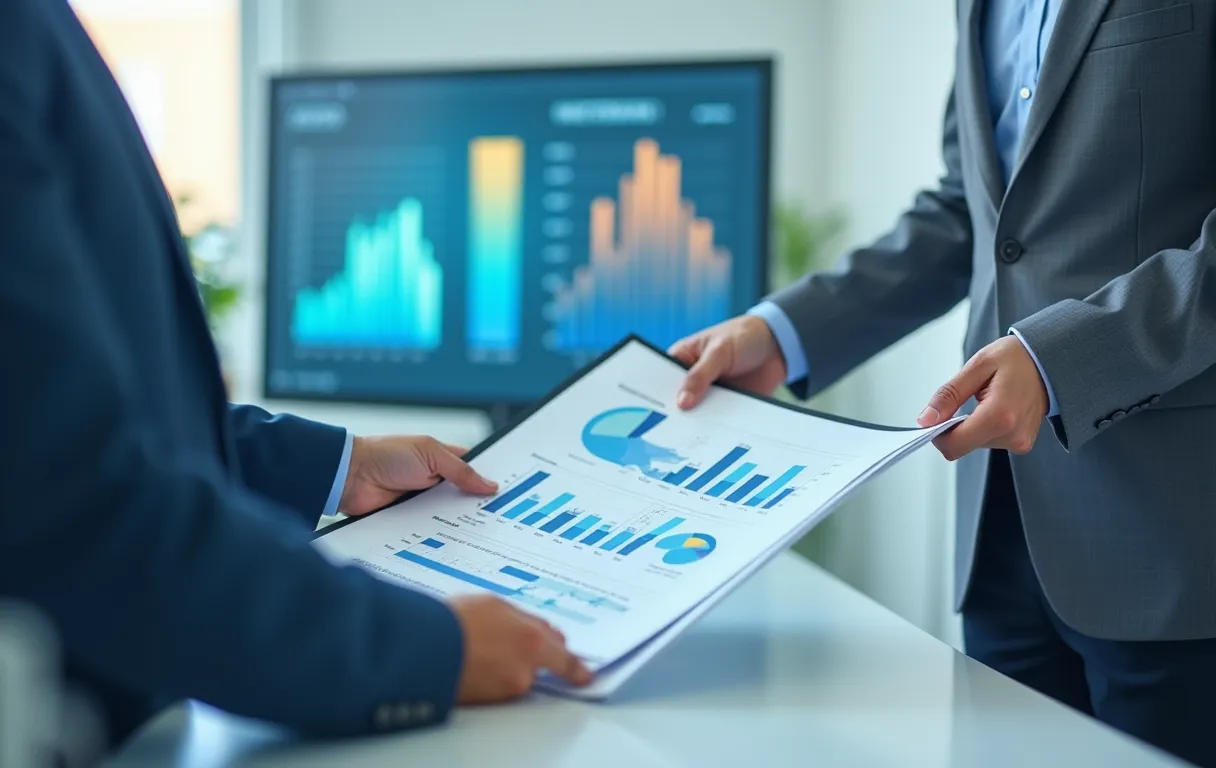 A consultant presenting a website report with charts to a client across a desk