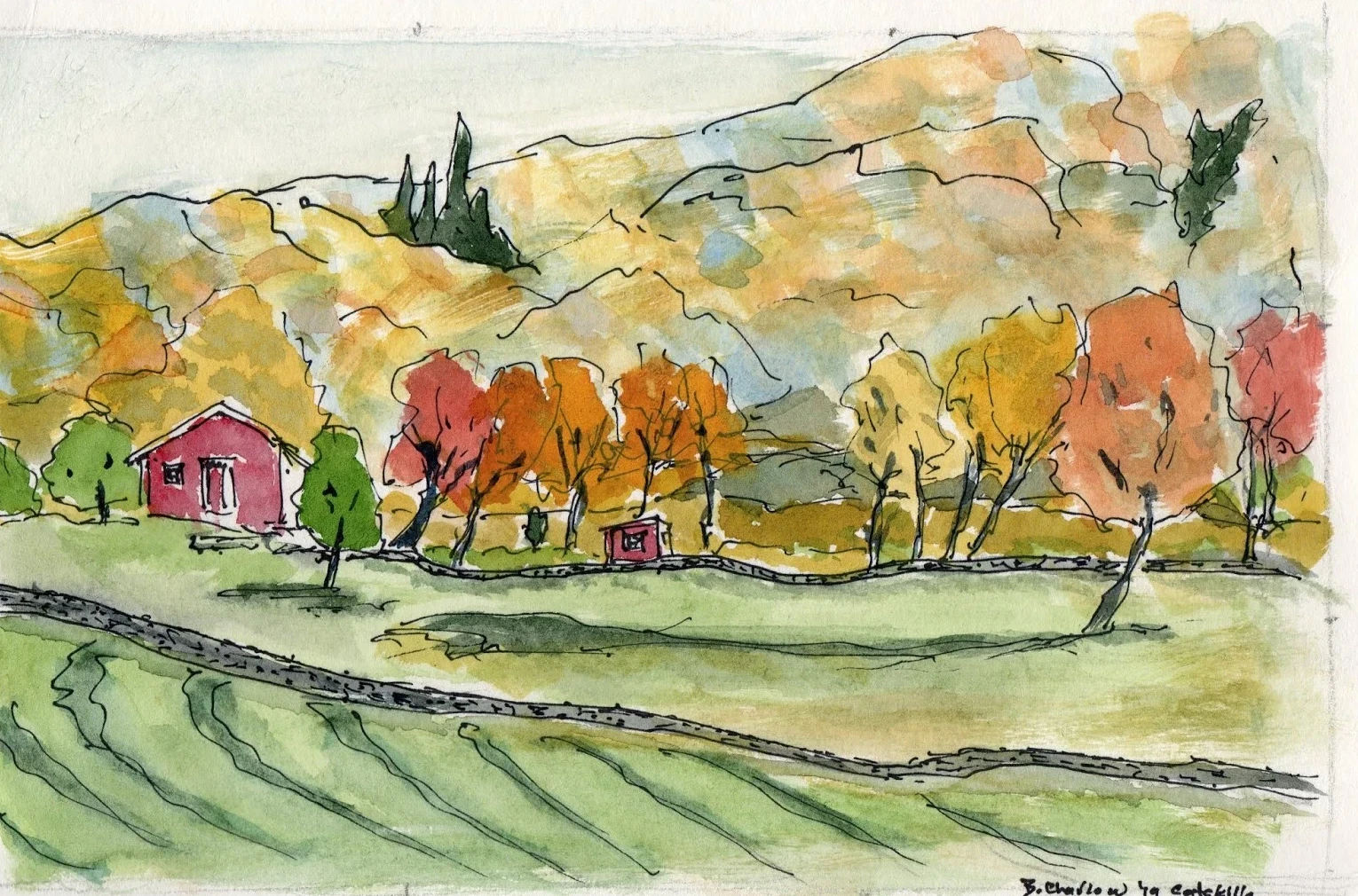 Pintura de acuarela y tinta de una ladera de los Catskills en otoño, una granja roja entre árboles naranjas y amarillos, por Bart A. Charlow