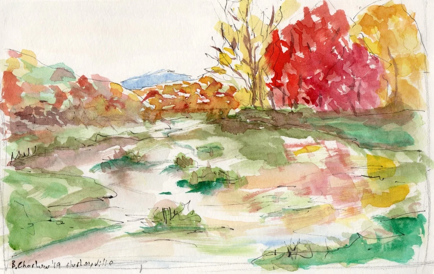 Acuarela y tinta de un arroyo y una pradera en otoño en Hurleyville, en los Catskills, por Bart A. Charlow