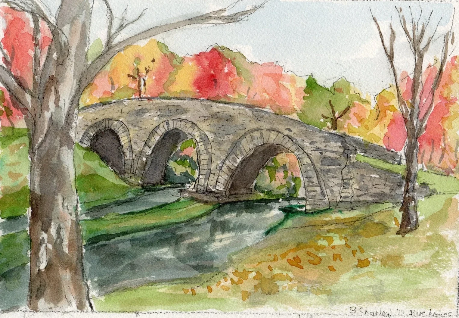 Acuarela y tinta de un puente de piedra de tres arcos sobre un arroyo, entre árboles otoñales rojos y dorados, por Bart A. Charlow