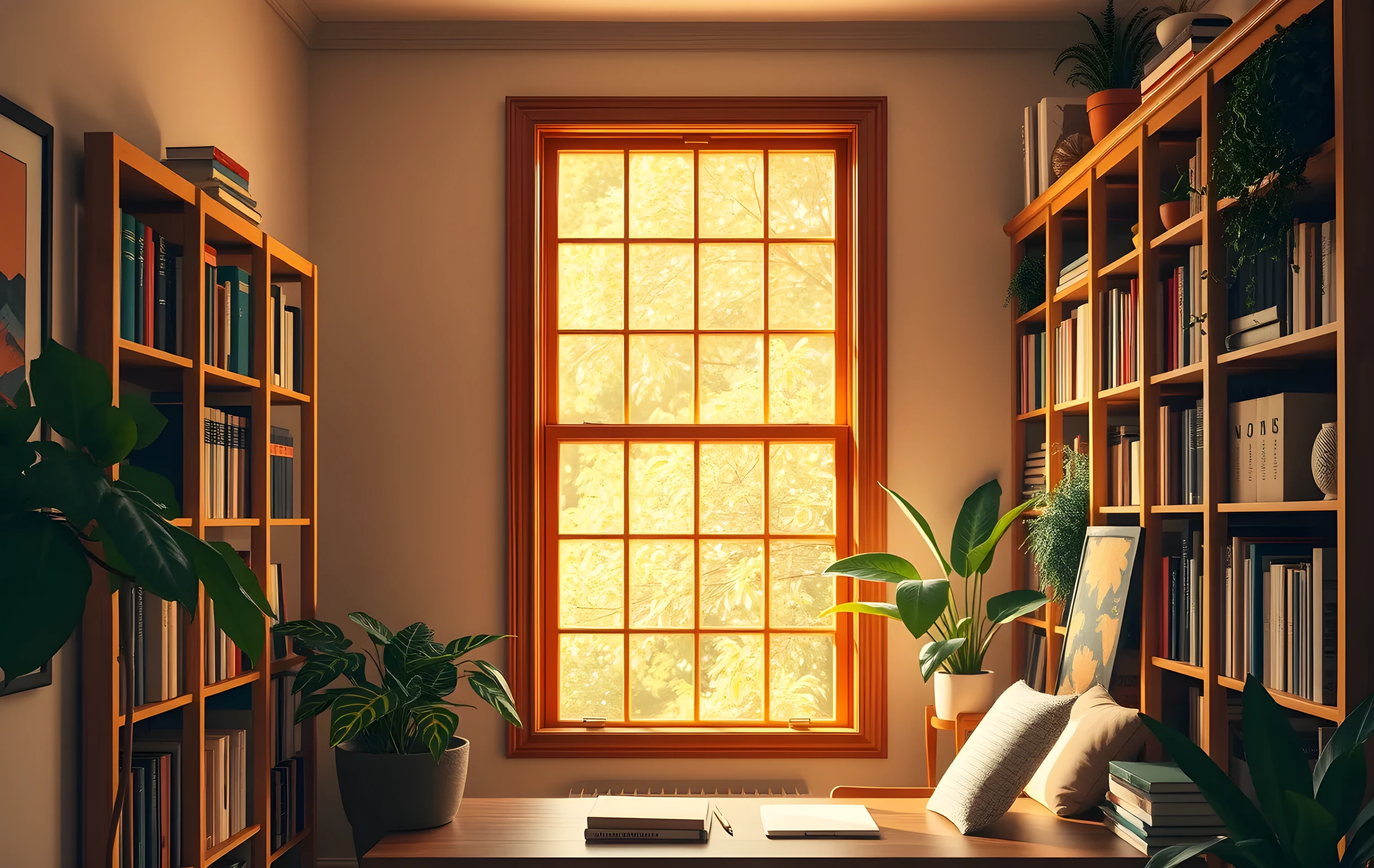 A cozy home office corner with bookshelves, plants and warm natural light