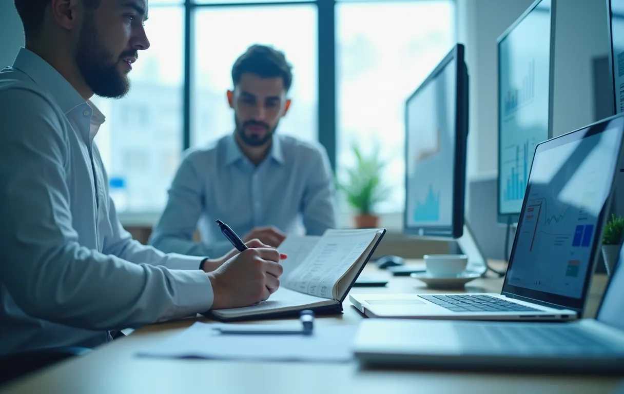 A person planning a marketing budget with a notebook and laptop in a bright office