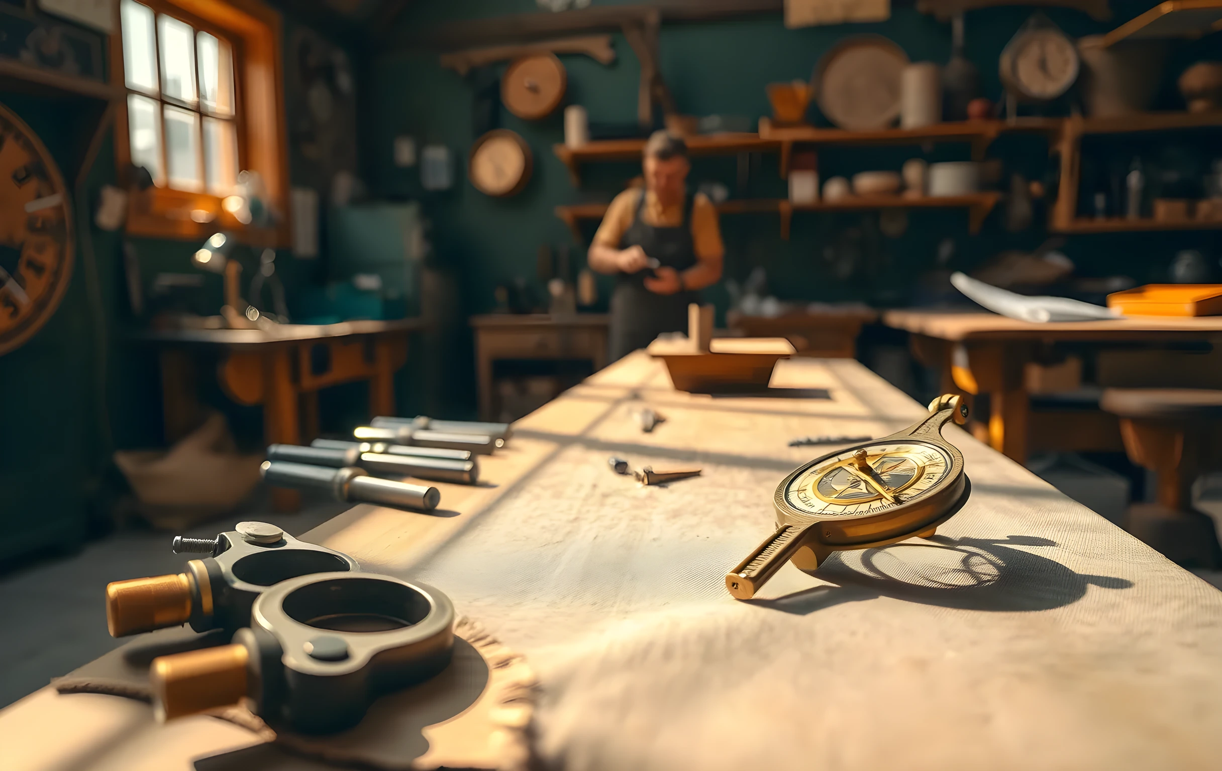 A sunlit artisan workshop with polished oak workbenches, neatly arranged brass calipers, and a vintage brass astrolabe resting on a heavy linen cloth, surrounded by soft natural shadows and warm amber lighting, shot in editorial style
