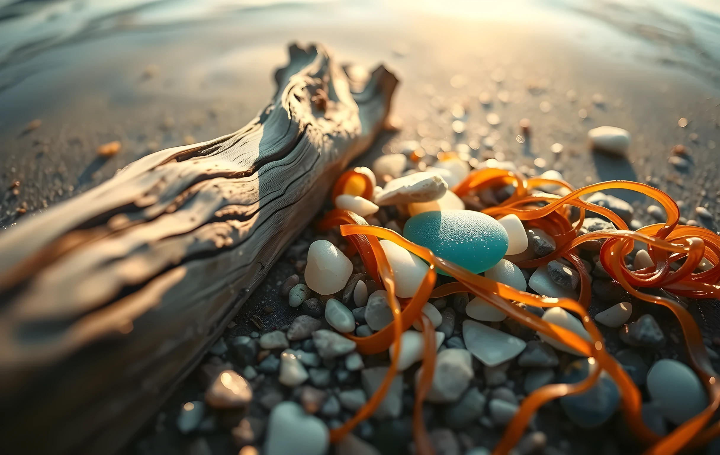 A quiet coastal shoreline at dawn, where weathered driftwood rests beside smooth sea glass and tangled kelp strands, illuminated by directional morning light, emphasizing tactile contrast and natural stillness