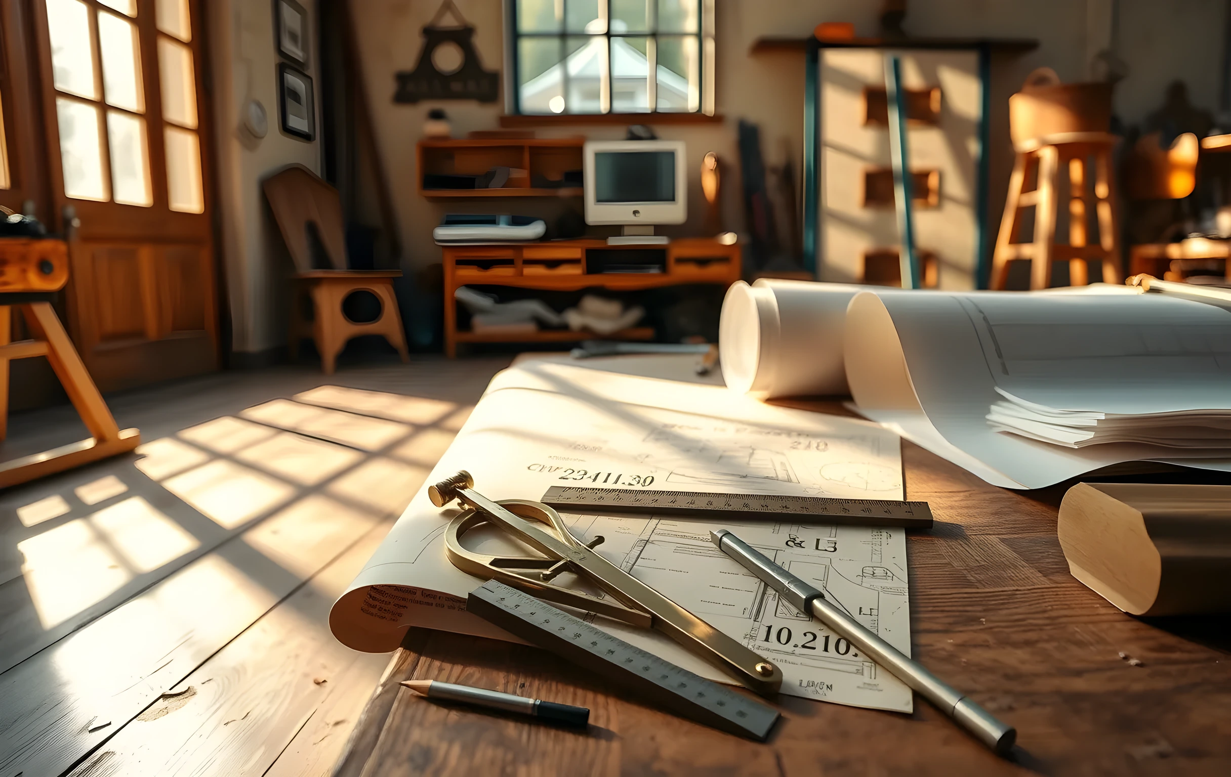 A wide shot of a sunlit workshop floor scattered with brass drafting compasses, rolled architectural blueprints, and a vintage brass ruler, all resting on a worn oak table near a large window casting long geometric shadows