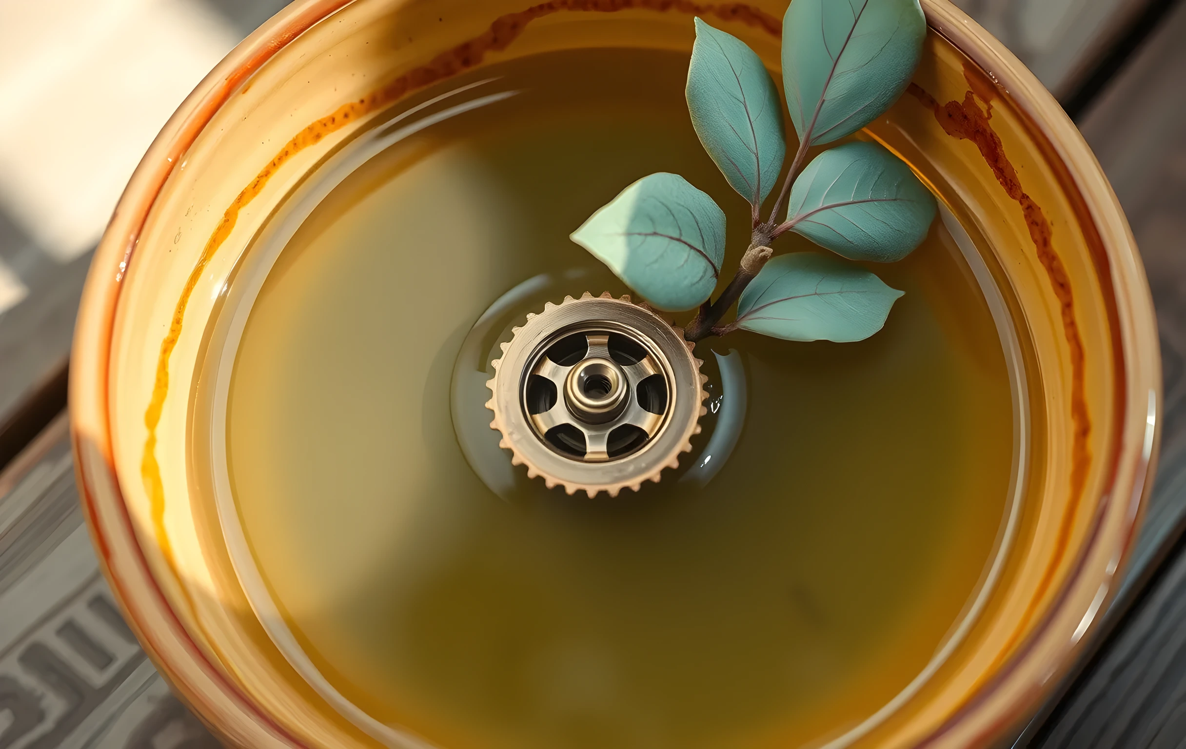 A close-up detail of a polished copper gear mechanism half-submerged in shallow water inside a ceramic bowl, with a single dried eucalyptus leaf draped over the rim, photographed in soft afternoon light