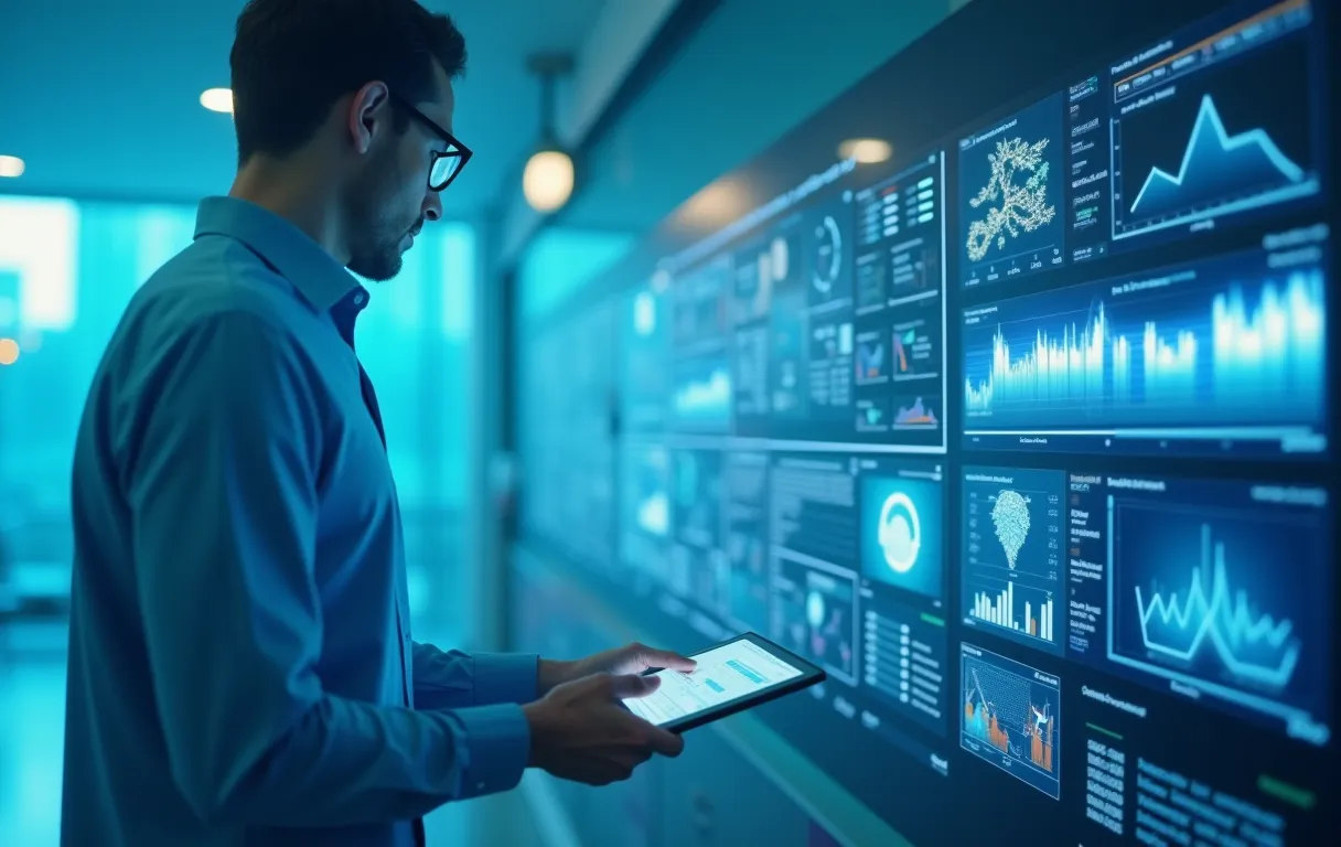 A professional analyst reviewing a glowing digital dashboard in a modern glass office with soft morning light