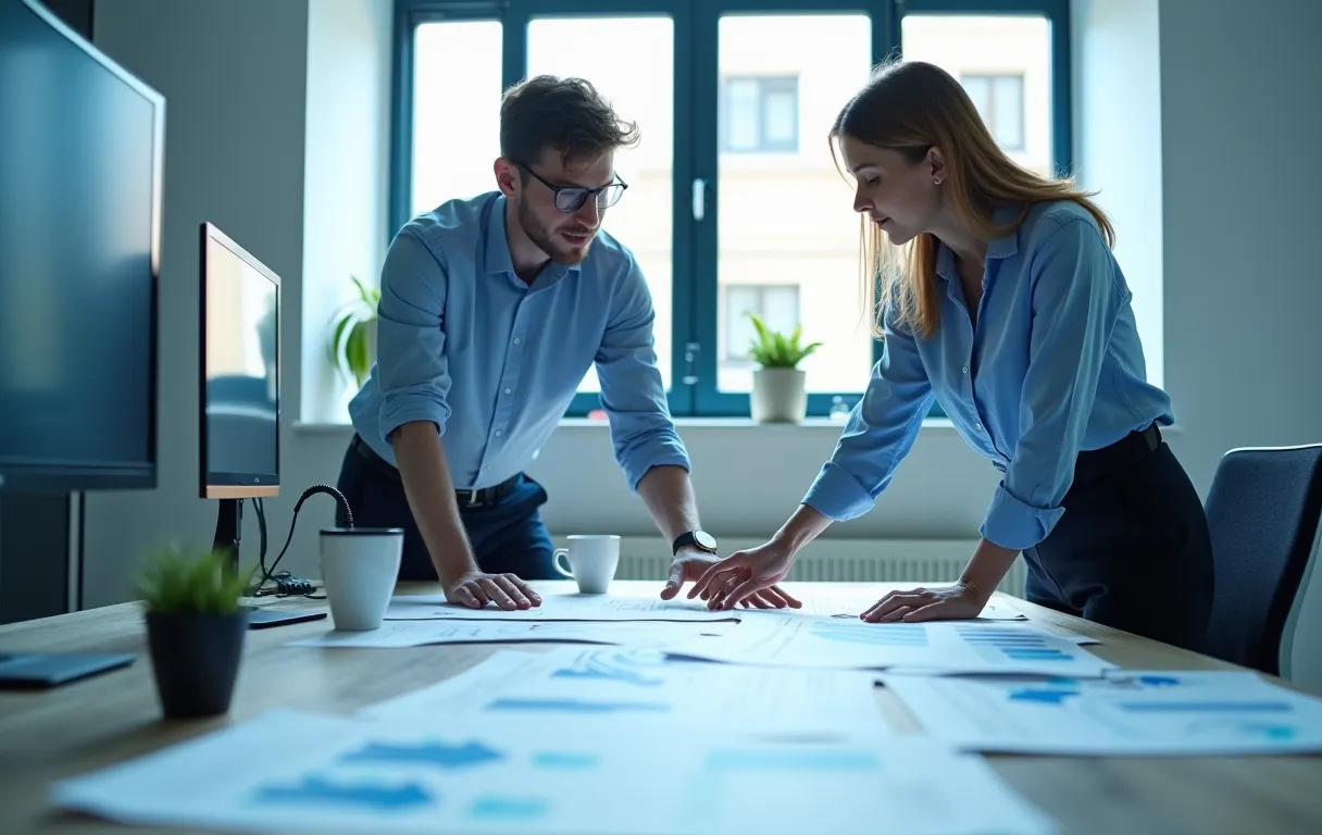 Two colleagues collaborating over a large table covered in printed data flow diagrams and coffee cups in a bright workspace