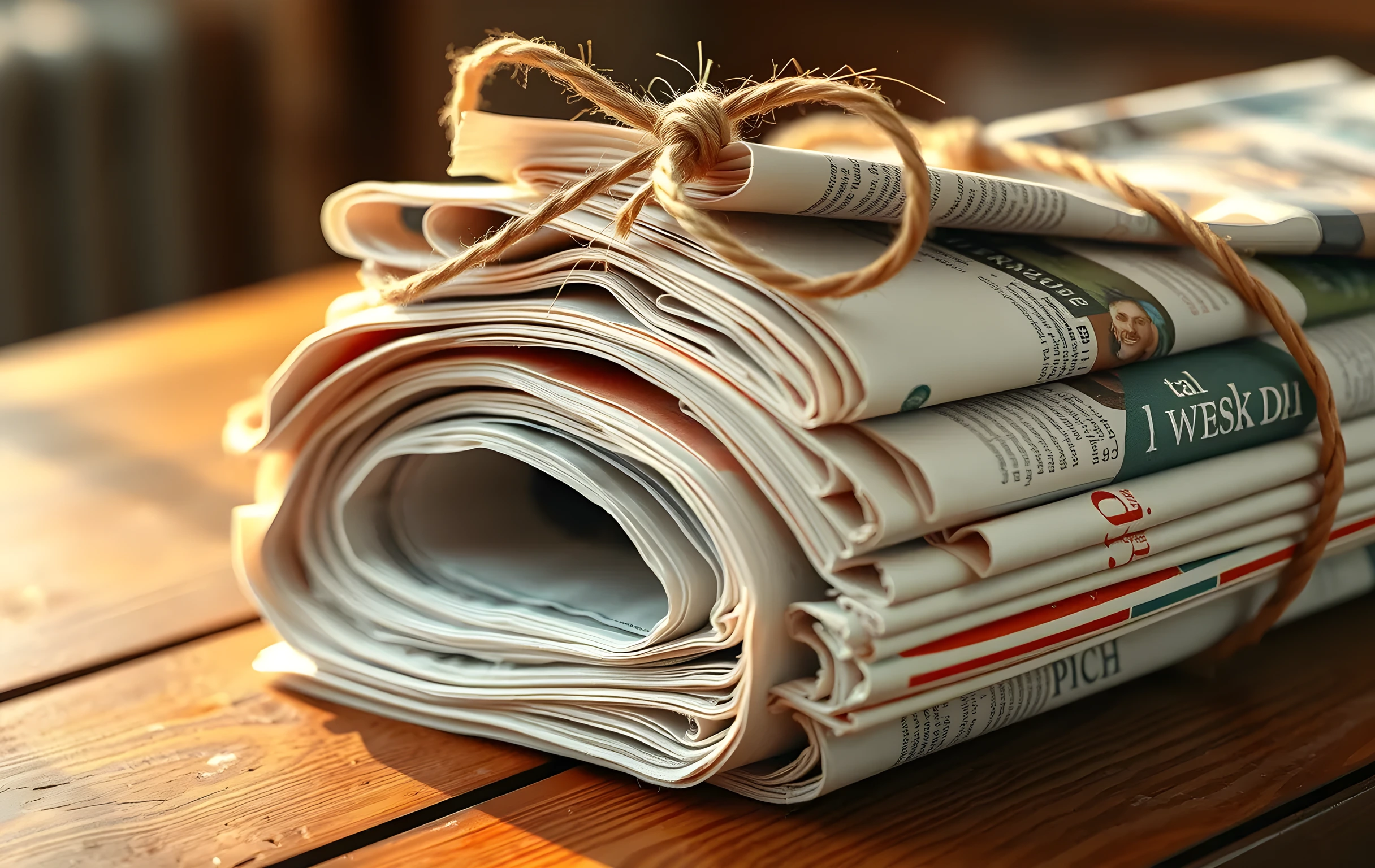 A bundle of folded newspapers tied with twine on a wooden table