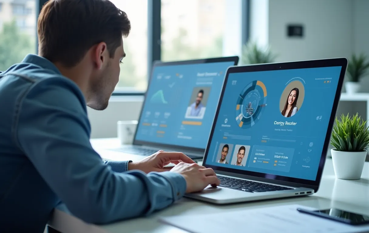 A business owner uploading photos to their business profile on a laptop