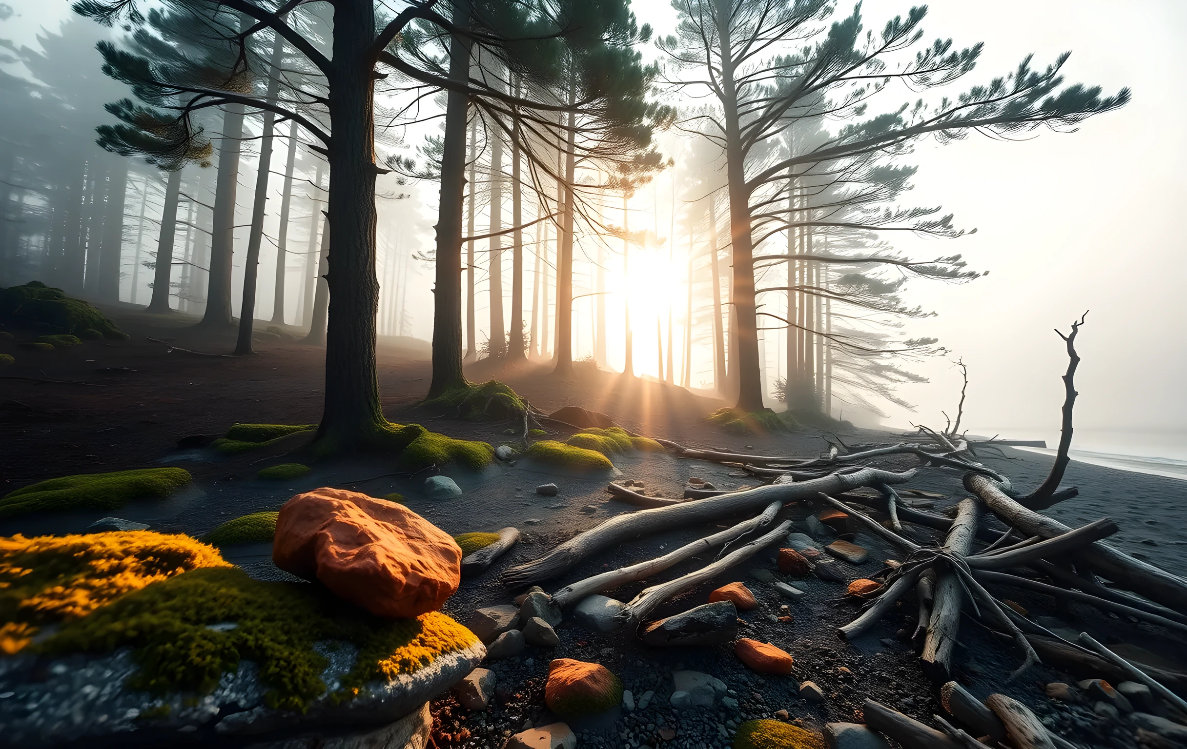 Una fotografía editorial amplia de un bosque de pinos costeros neblinosos al amanecer; la luz del sol se filtra a través de las ramas densas de los árboles de hoja perenne, proyectando largas sombras sobre rocas húmedas cubiertas de musgo y madera flotante dispersa a lo largo de una orilla tranquila