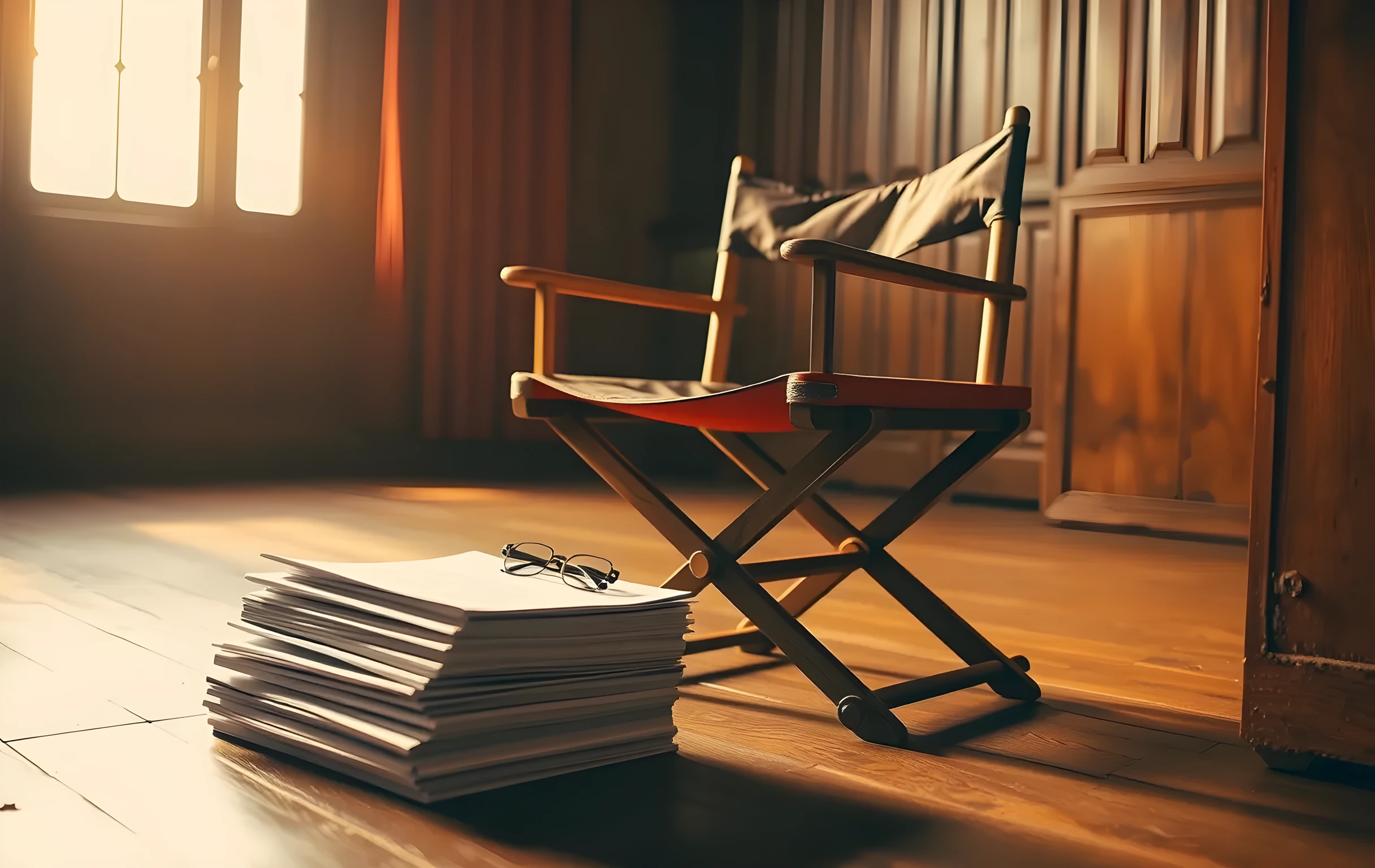 A worn leather director's chair beside a stack of printed scripts in warm light