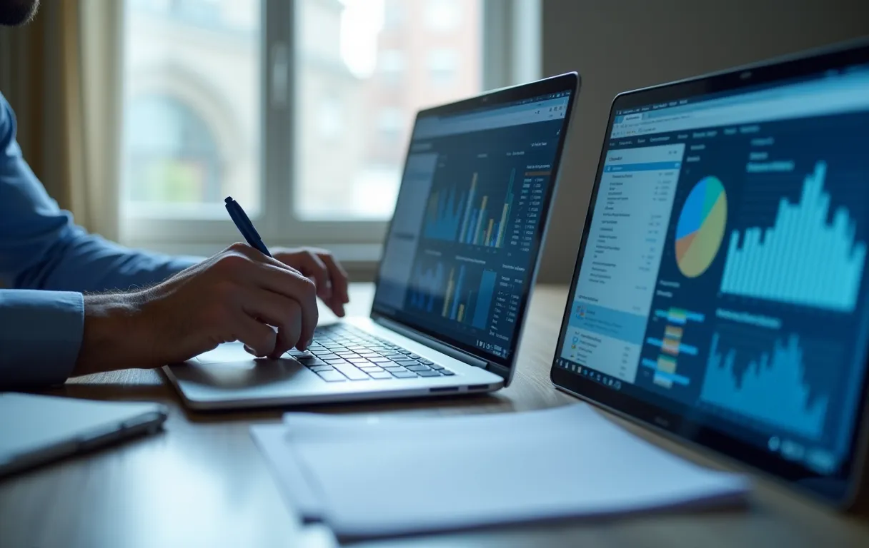 A consultant reviewing website issues on a laptop with notes