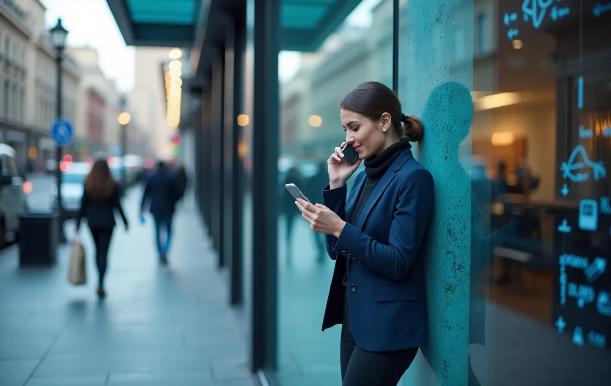Una persona en la acera de la ciudad preguntándole al asistente de su teléfono por una recomendación de un negocio cercano