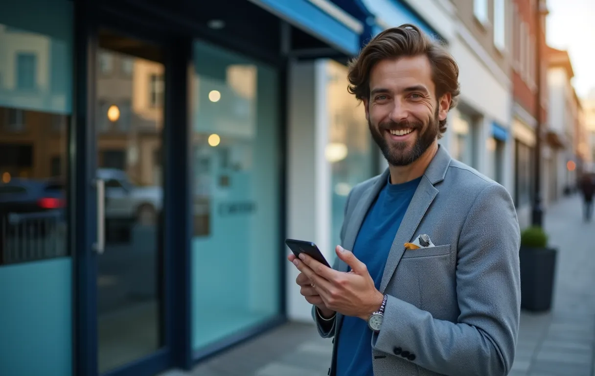 A customer leaving a review on a phone outside a small storefront