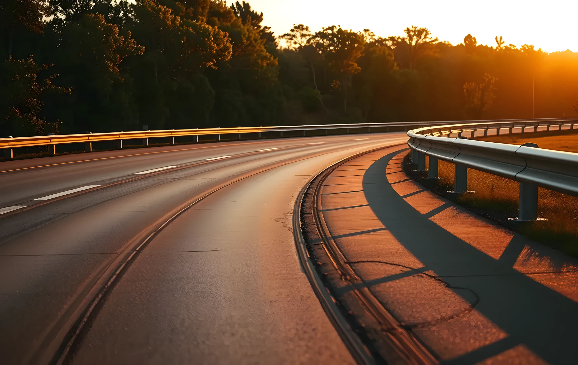 Una curva de autopista vacía con una barrera metálica en la hora dorada
