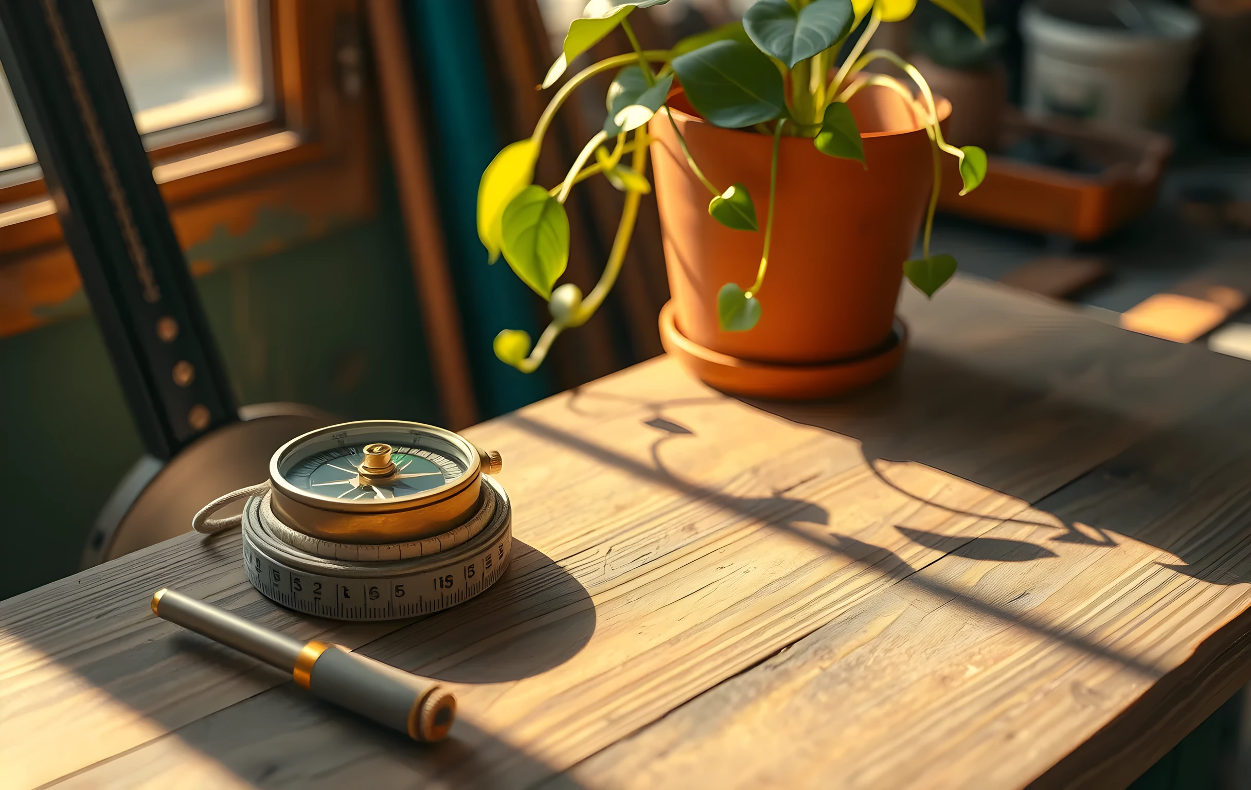 A sunlit workshop corner with a weathered wooden workbench, a brass compass resting on a stack of linen measuring tapes, and a terracotta pot with trailing pothos leaves spilling over the edge. Warm afternoon light casts long, soft shadows across the grain