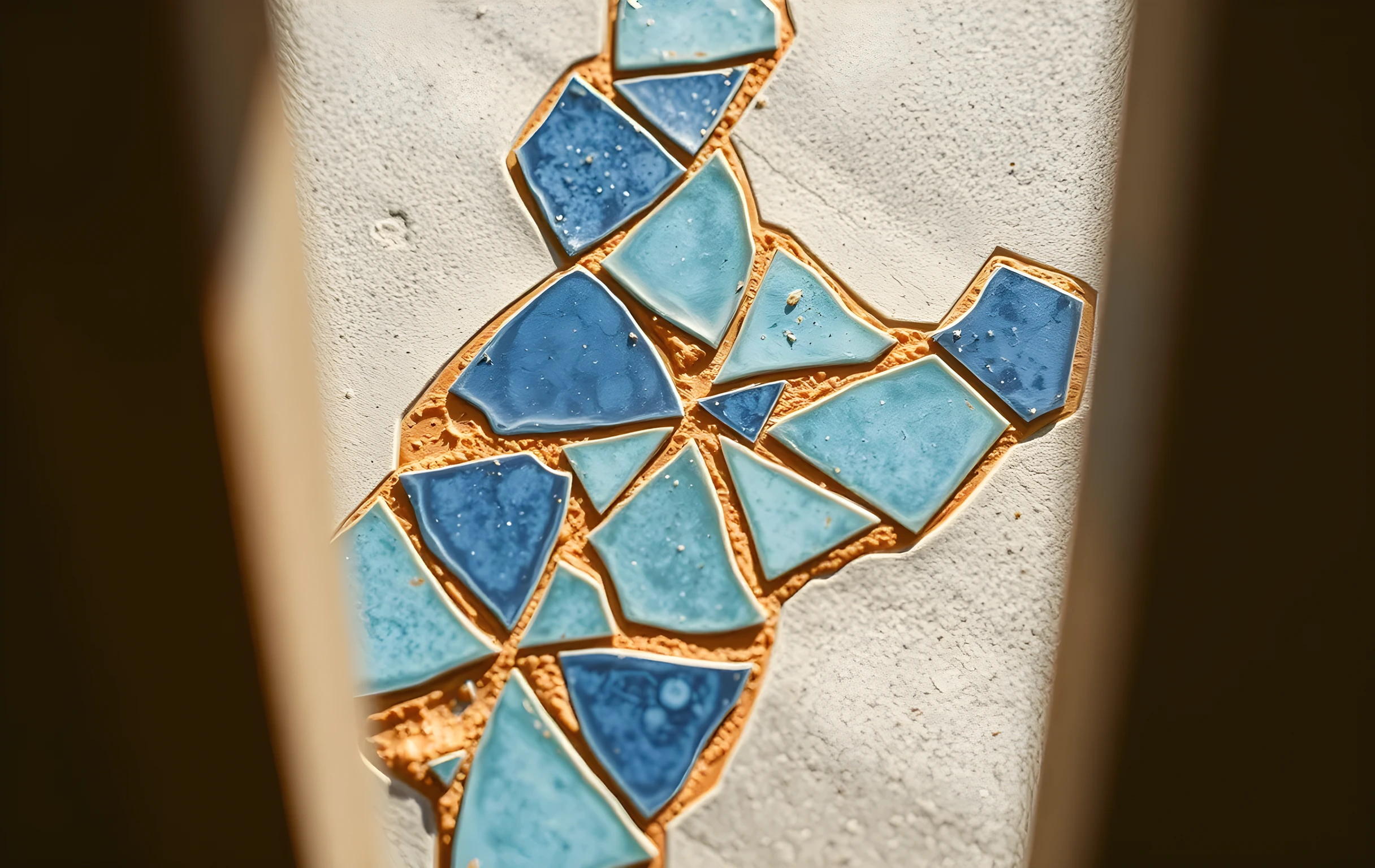 A close-up of a ceramic tile mosaic on a matte stone surface, featuring fractured pieces of cobalt blue and rusted copper arranged in a deliberate geometric pattern. Natural daylight highlights the rough glaze edges and subtle texture variations