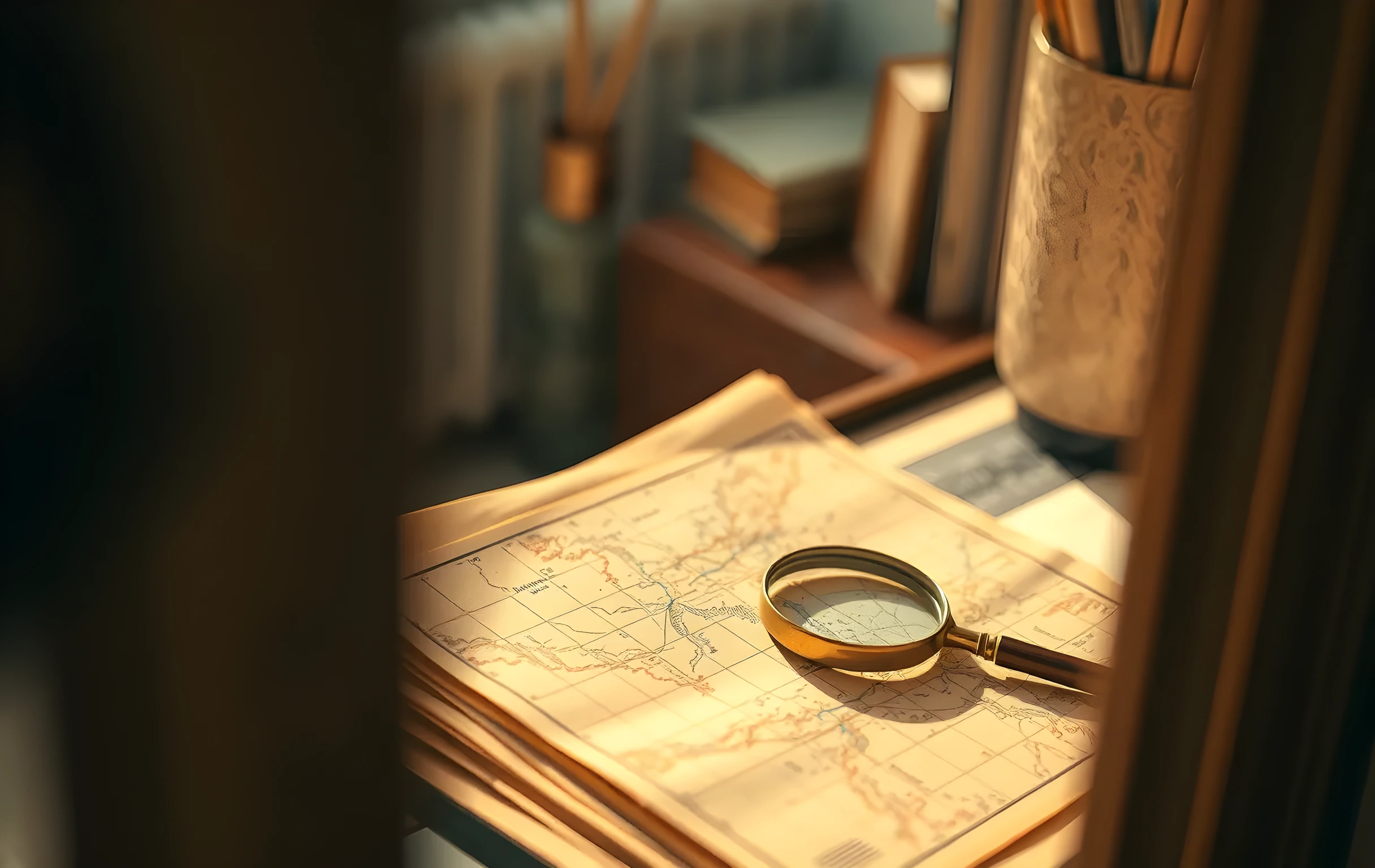 A sunlit windowsill in a quiet corner office. A vintage brass magnifying glass rests beside a stack of aged, yellowed map pages showing hand-drawn routes. Dust motes float in the warm light. The composition emphasizes texture and focused exploration