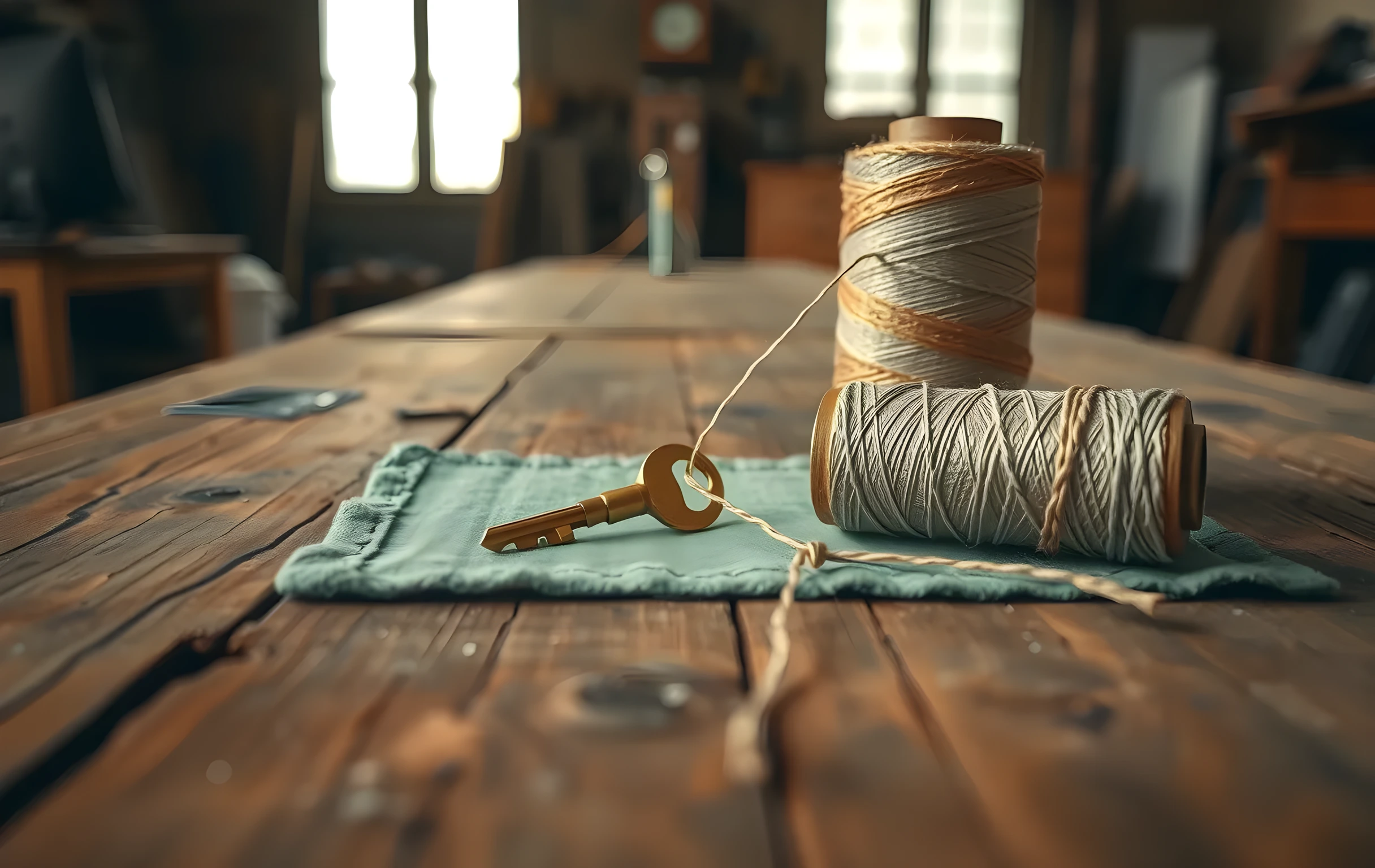 A weathered wooden workbench in a dimly lit studio. A single brass key lies on a faded green linen cloth next to a spool of thick cotton thread. The shallow depth of field highlights the metal grain and fabric weave