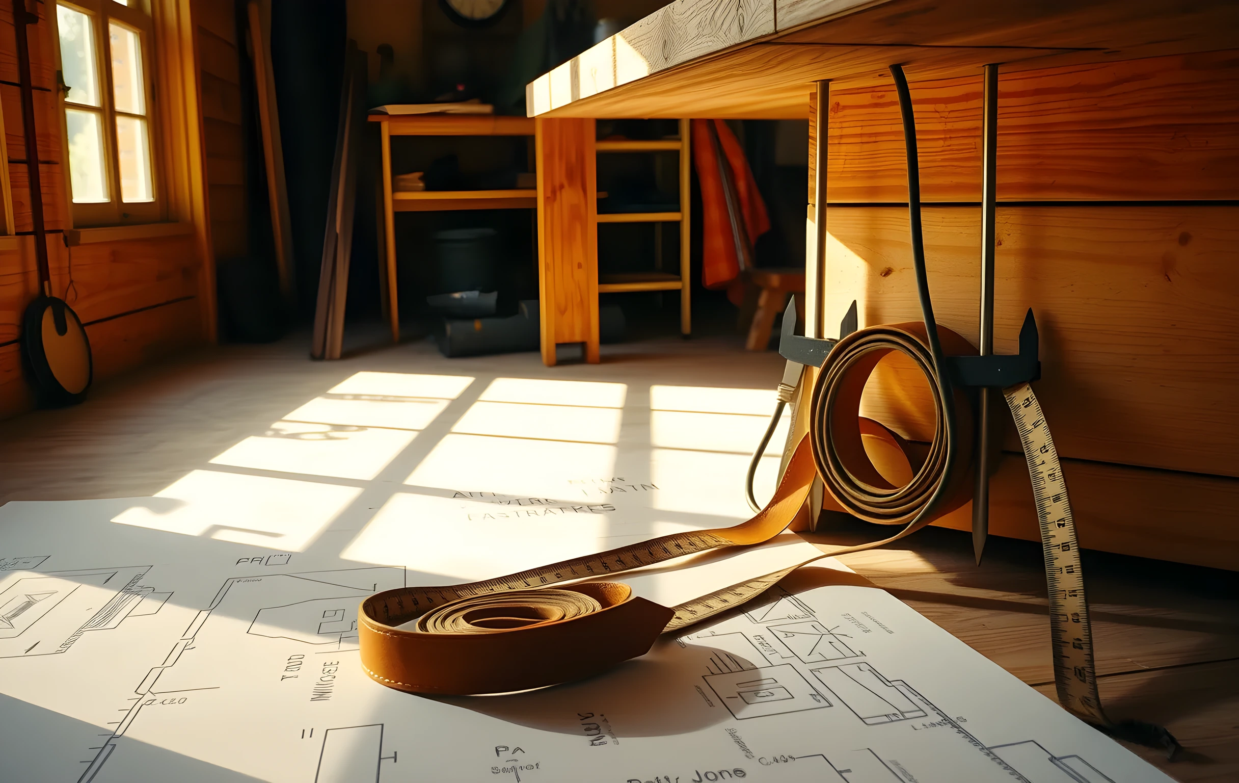A sunlit workshop floor scattered with blueprints, brass calipers, and a worn leather measuring tape coiled near a weathered oak workbench, warm directional light casting long geometric shadows