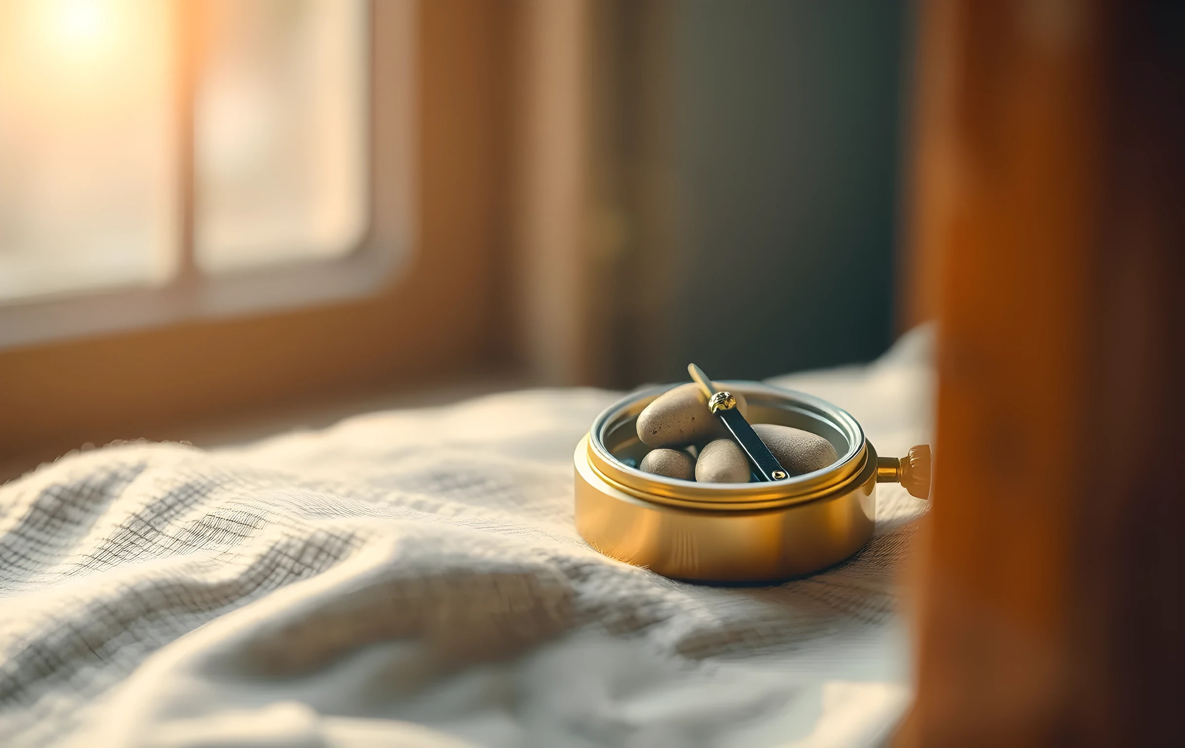 A macro view of a brass compass resting on a textured linen cloth, its needle pointing toward a small glass vial of polished river stones, soft natural light highlighting metallic grain and fabric weave