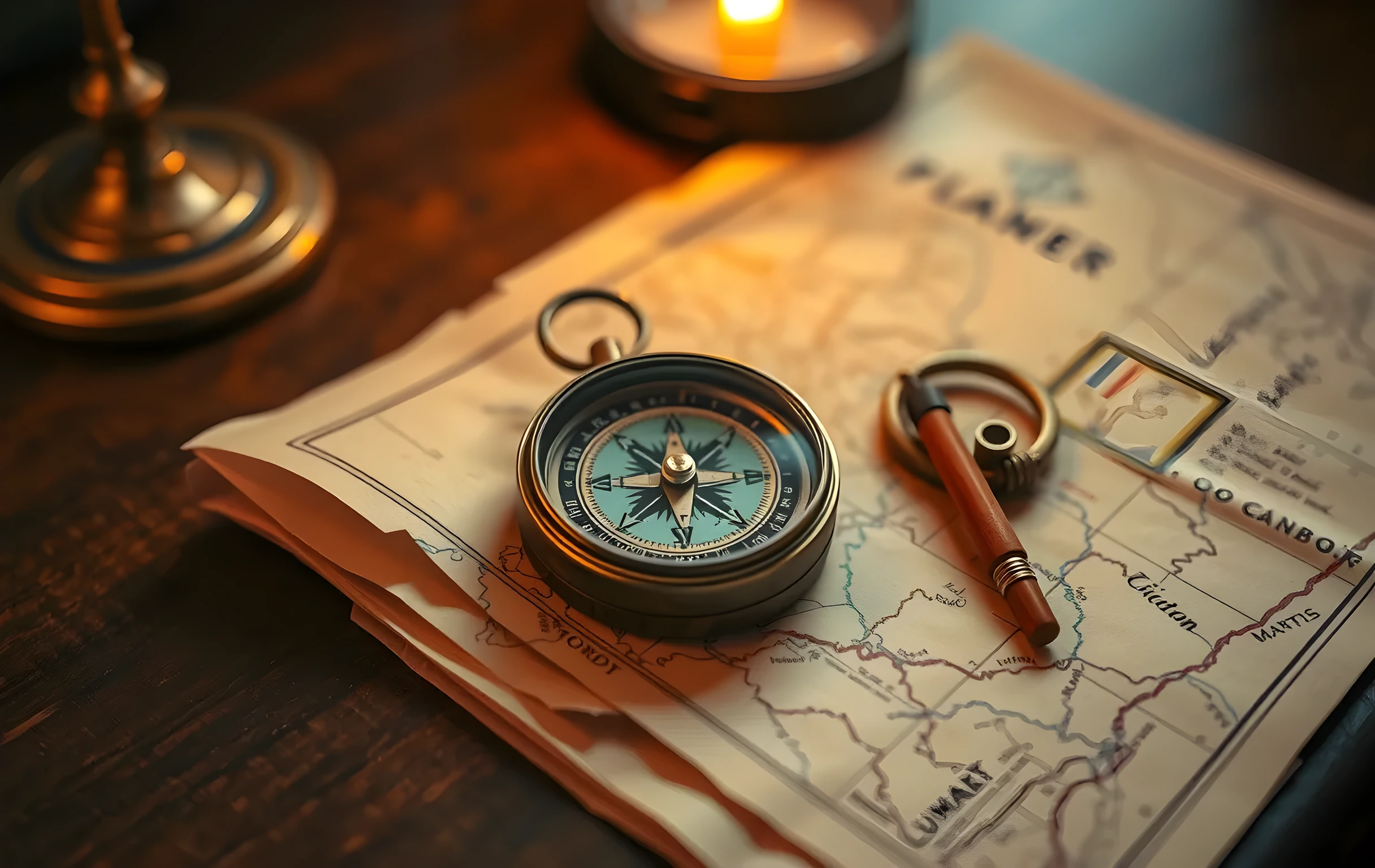 An antique brass compass resting on a folded paper map in warm lamplight