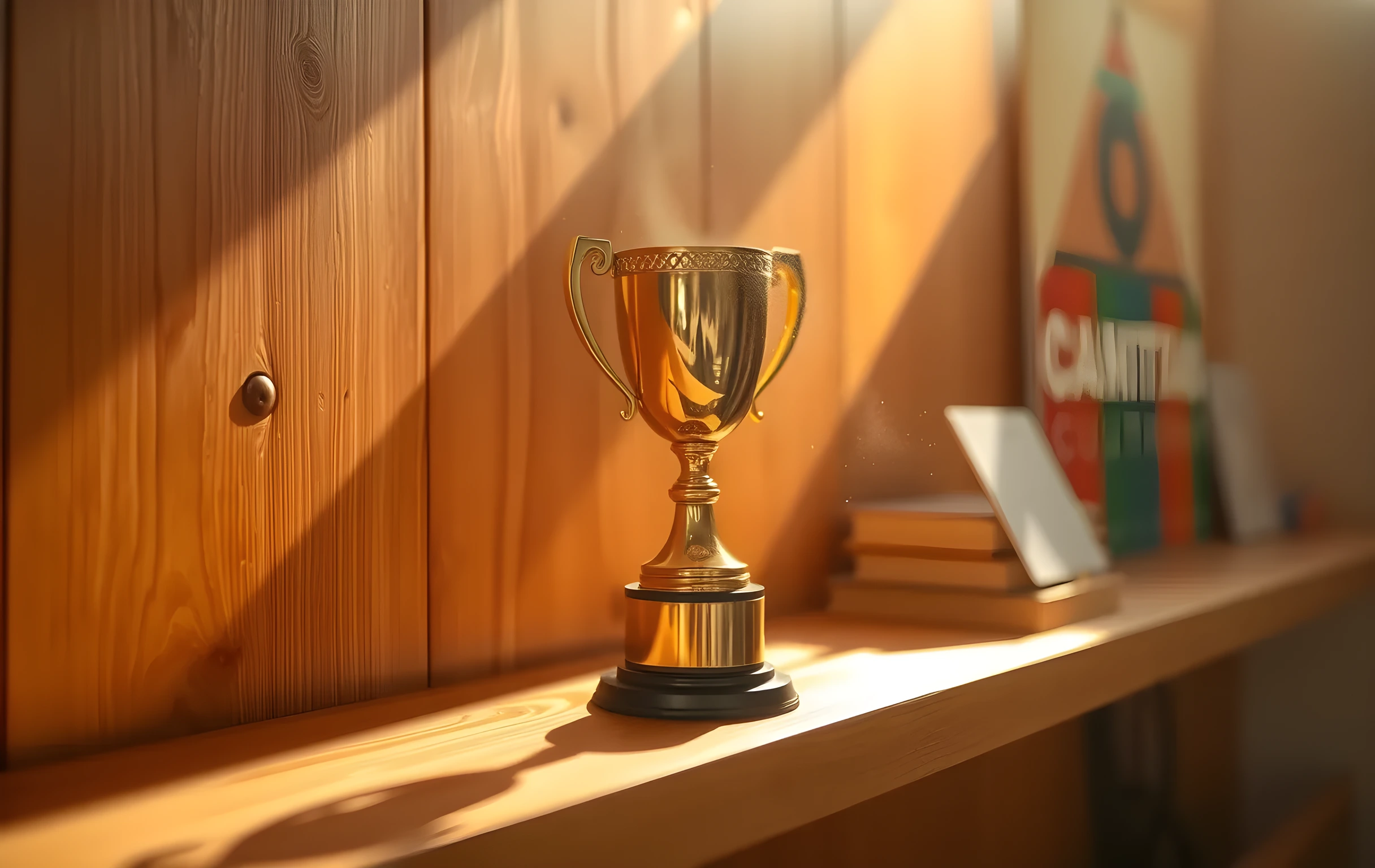 A golden trophy on a wooden shelf in warm afternoon light