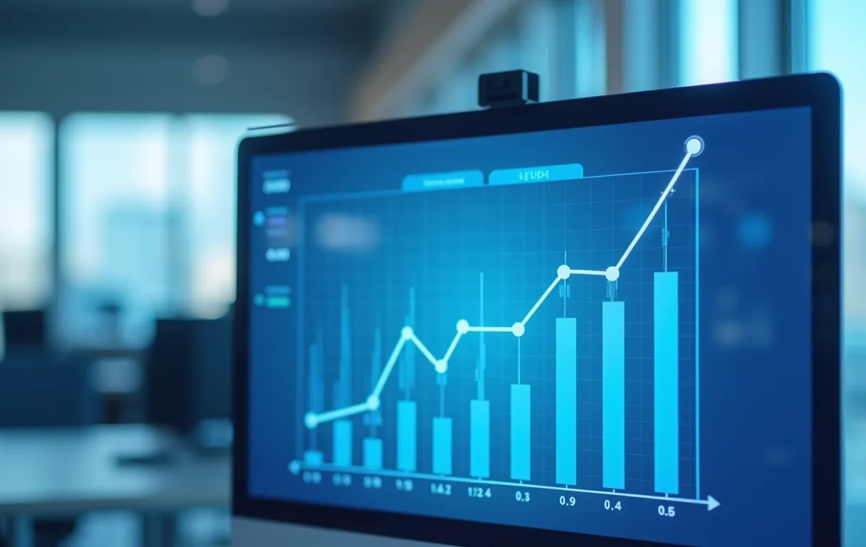 An upward-trending search ranking chart on a monitor
