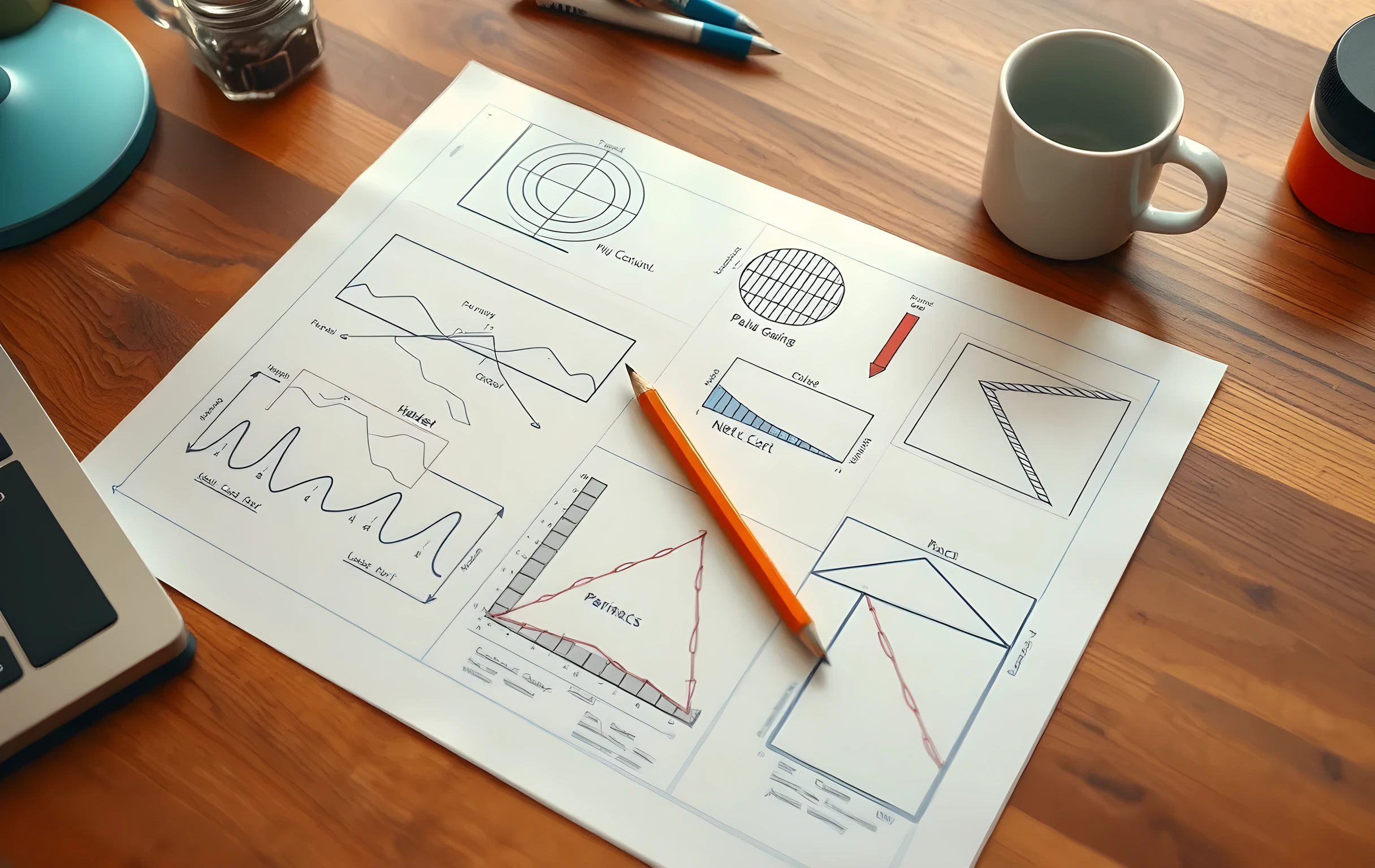 Handwritten plans and diagrams on graph paper spread across a wooden desk with a pencil