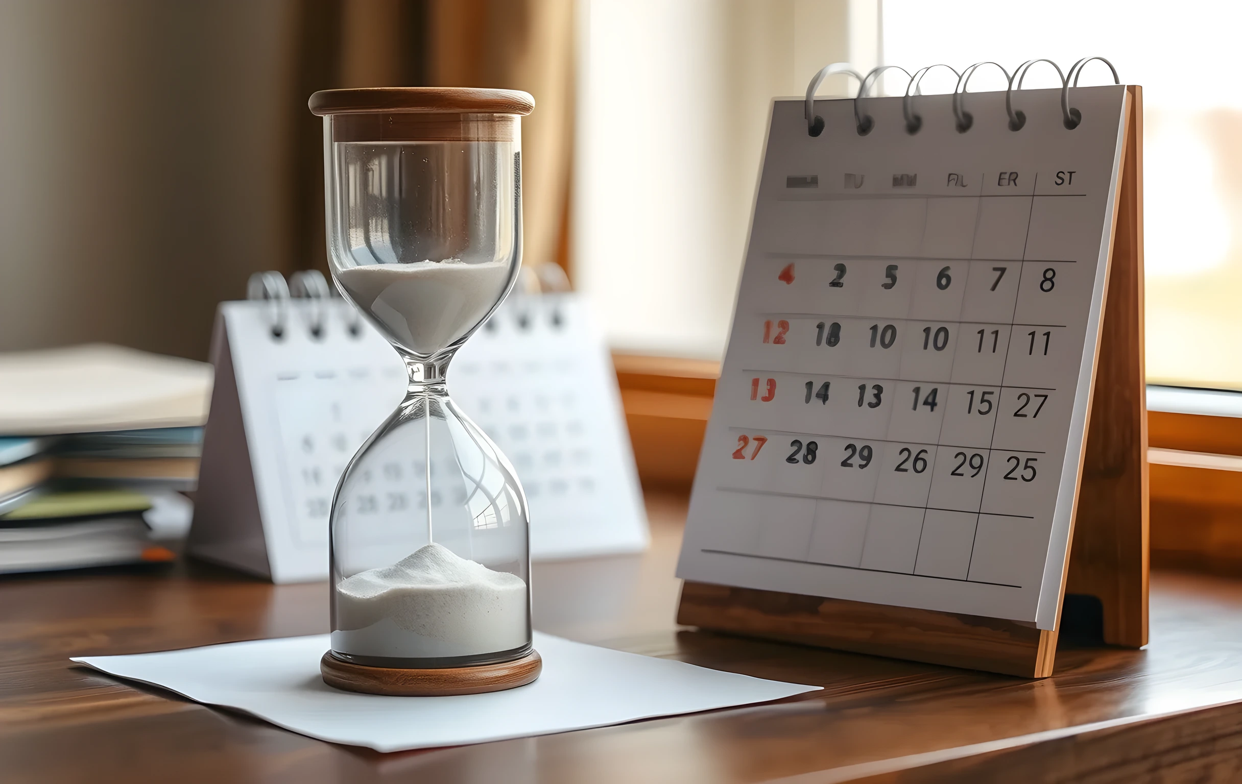 Un reloj de arena junto a un calendario de escritorio de papel con luz cálida de la mañana