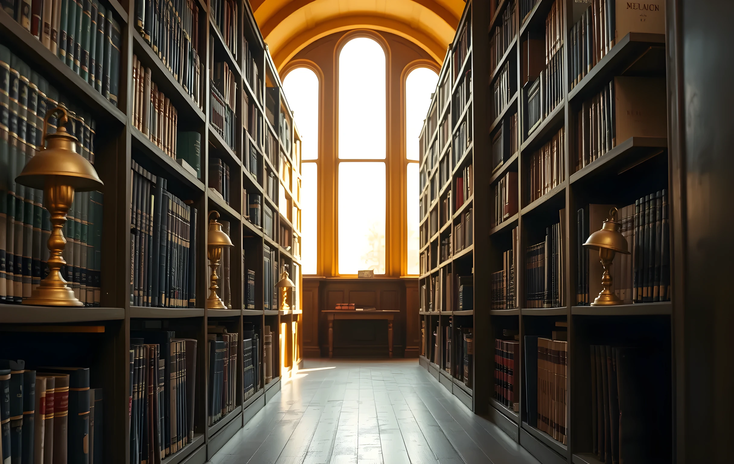 A sunlit archive room with towering brass shelving units holding weathered leather bound volumes and brass reading lamps, warm amber light filtering through tall arched windows, dusty wooden floors, deep perspective